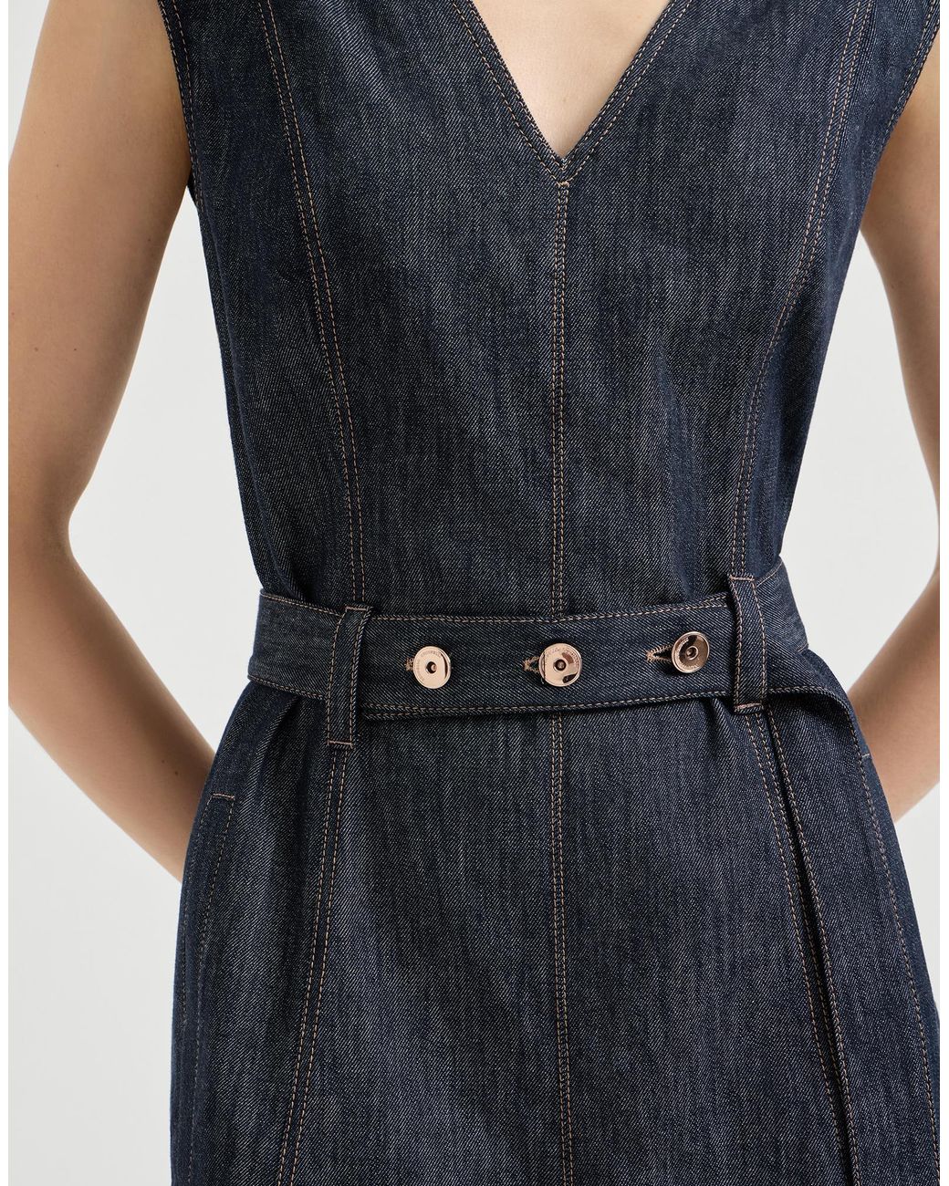 Brunello Cucinelli Denim-Effect Sleeveless Midi Dress in Blue | Lyst