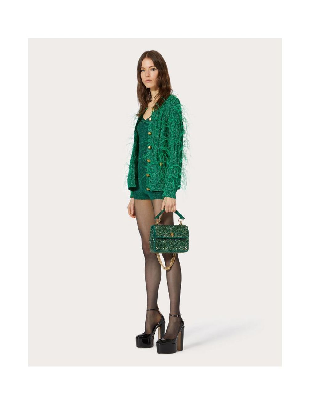 Valentino Green Logo-Print Metallic Shorts