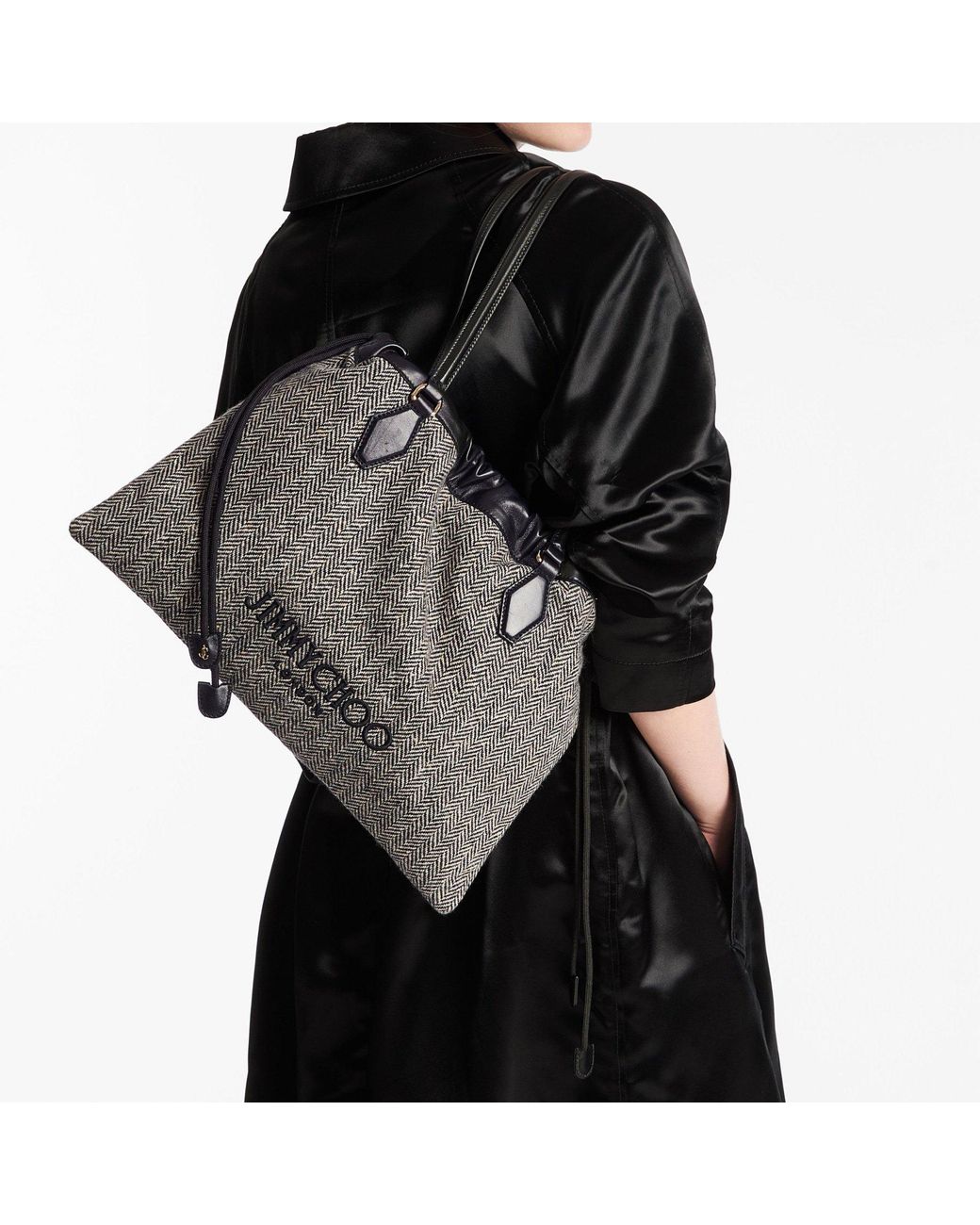 Jimmy Choo Black Blended-Fabric Herringbone Drawstring Shoulder Bag