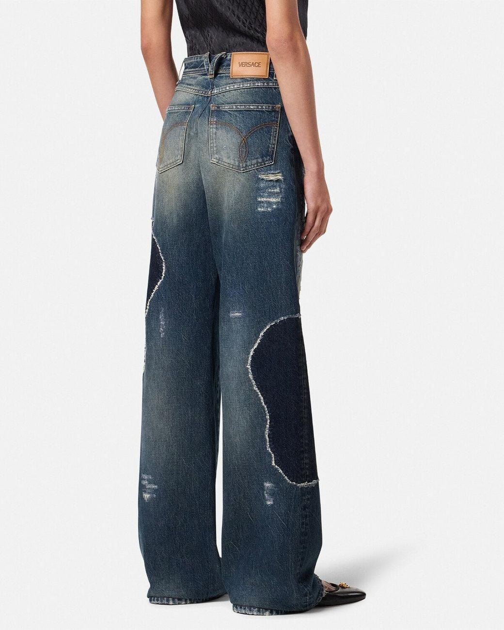 Versace Blue Logo-Patch Distressed Jeans