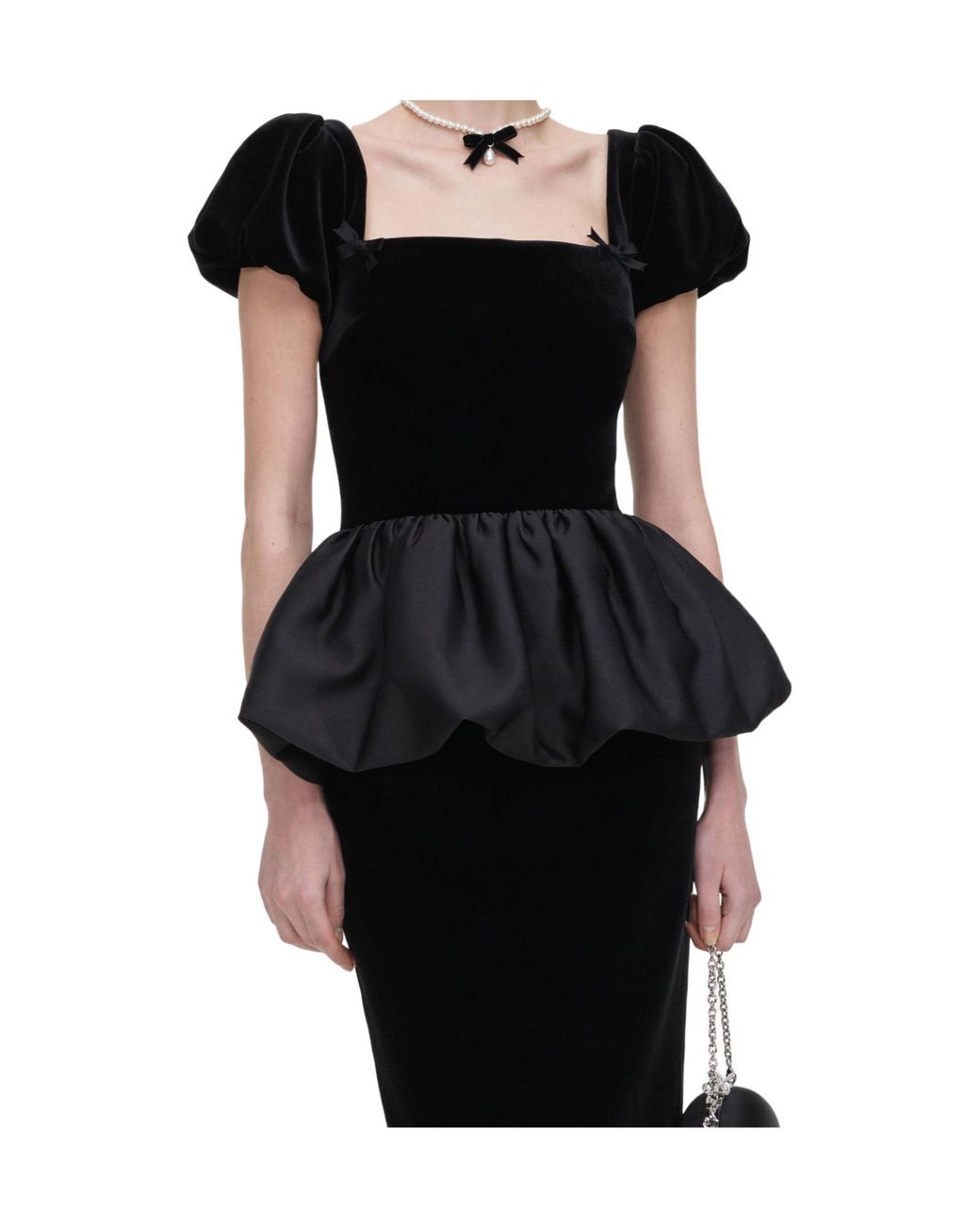 Self-Portrait Black Puff-Sleeve Peplum Dress