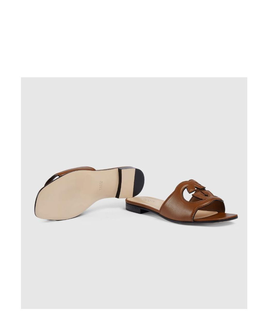 Gucci Brown Interlocking G Cut-out Leather Sliders