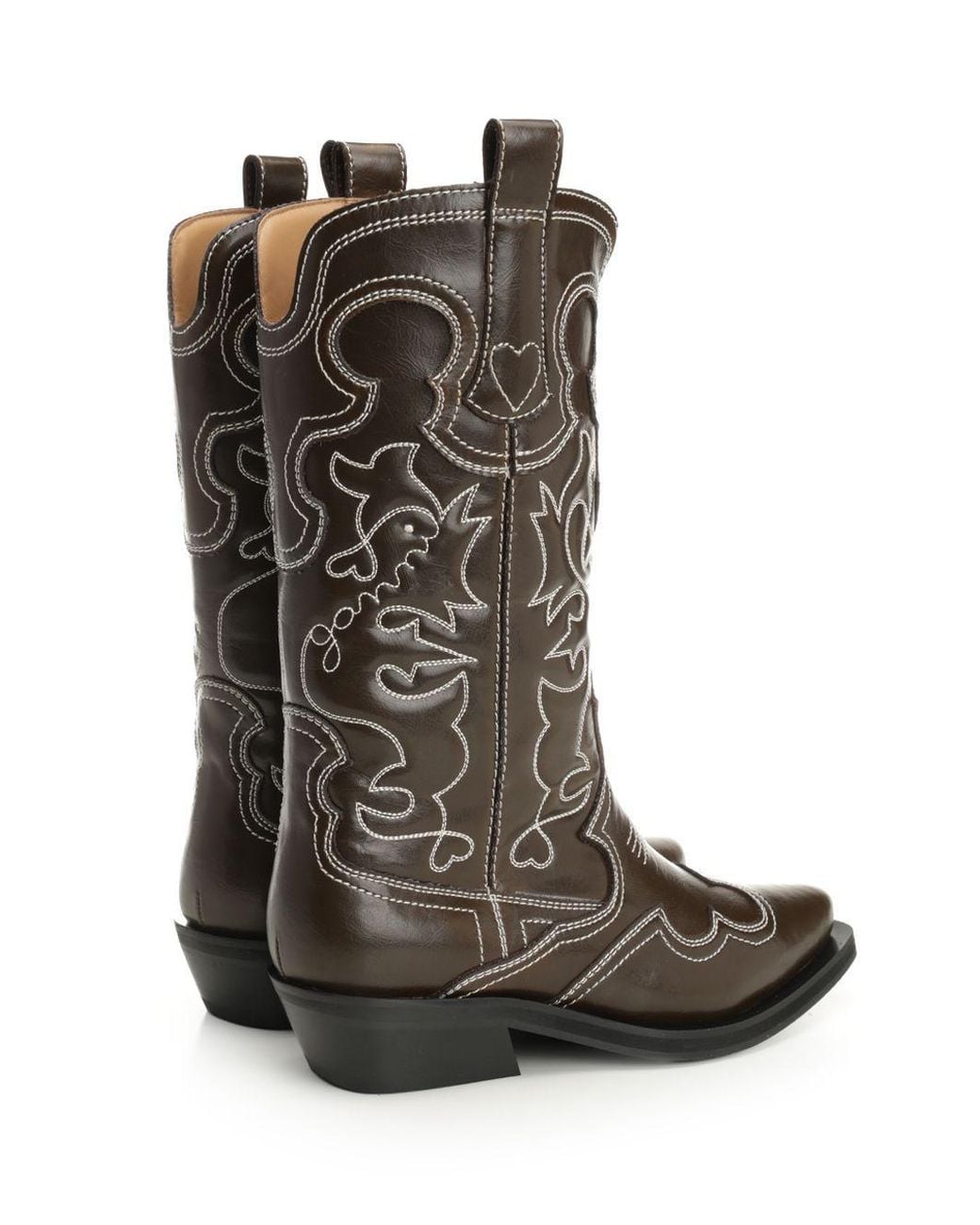 Ganni Brown Mid Shaft Embroidered Western Boots