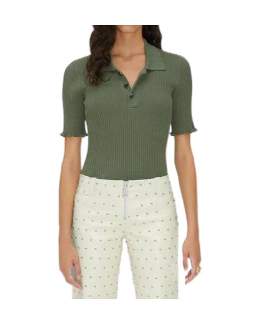 Bottega Veneta Green Ribbed-Knit Polo Top