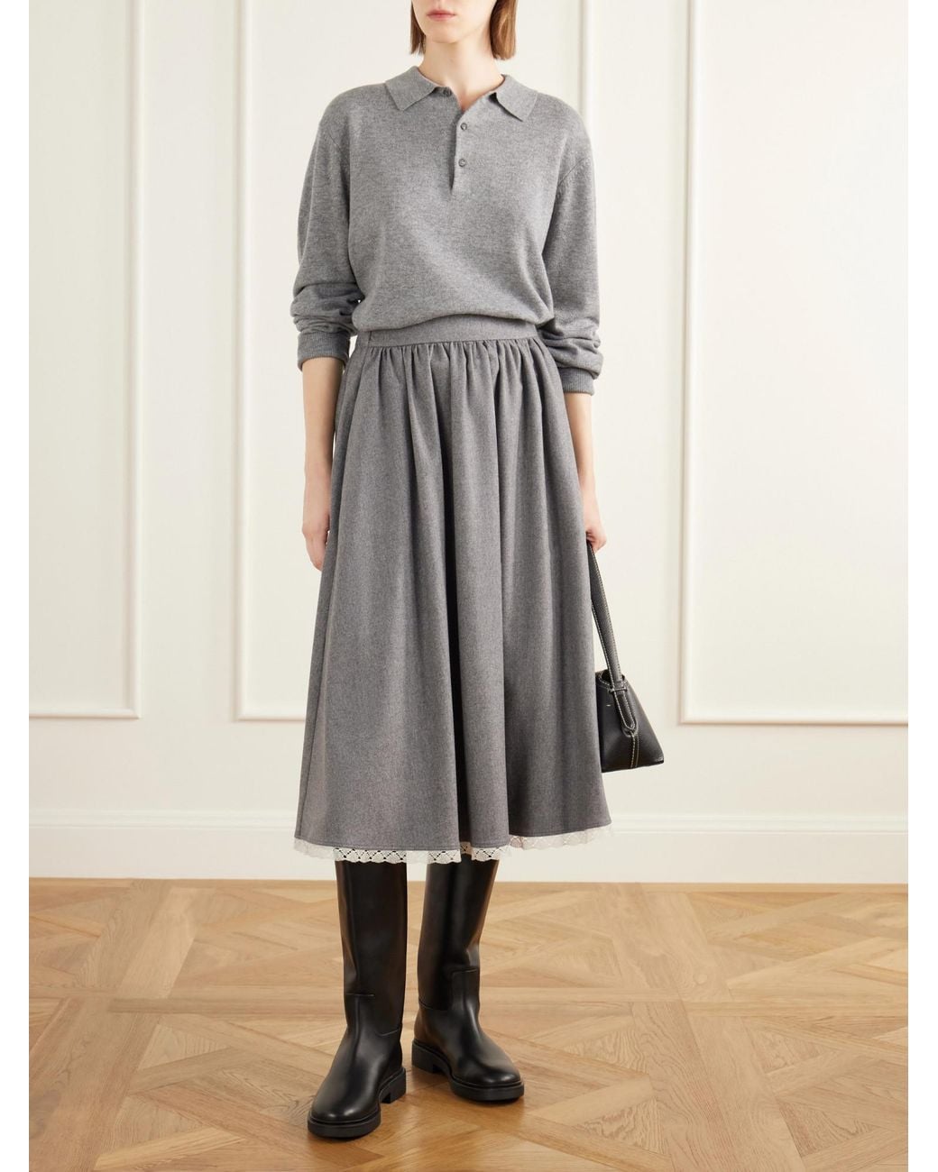 Maria McManus Gray Lace-Trimmed Wool Flannel Midi Skirt