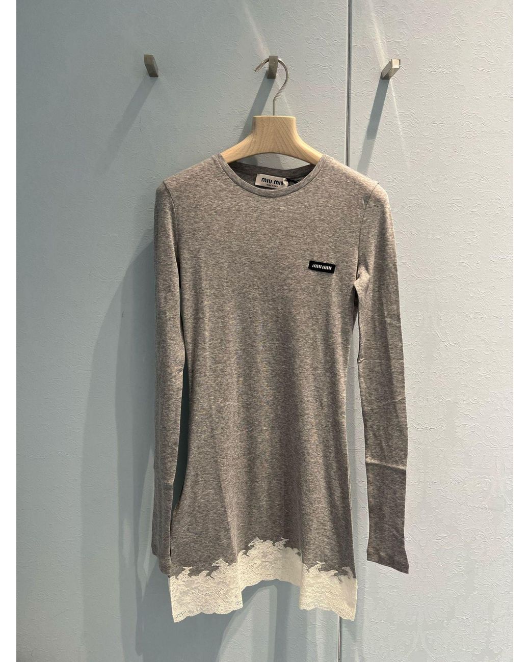 Miu Miu Gray Ribbed Jersey And Lace Dress