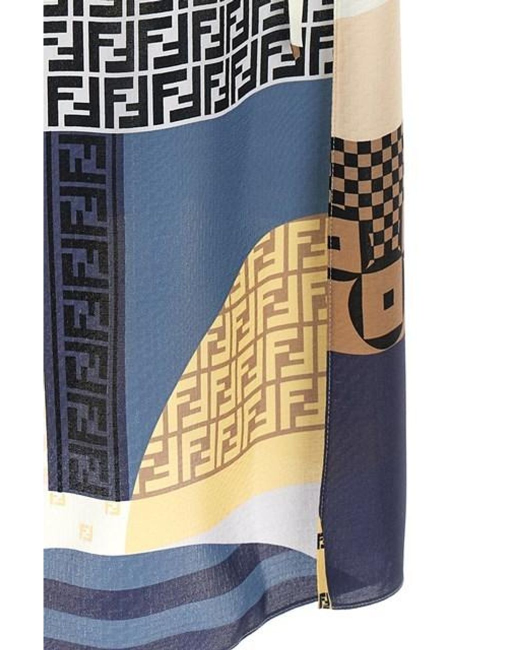 Fendi Blue Patchwork Printed Drawstring-Waist Midi Dress