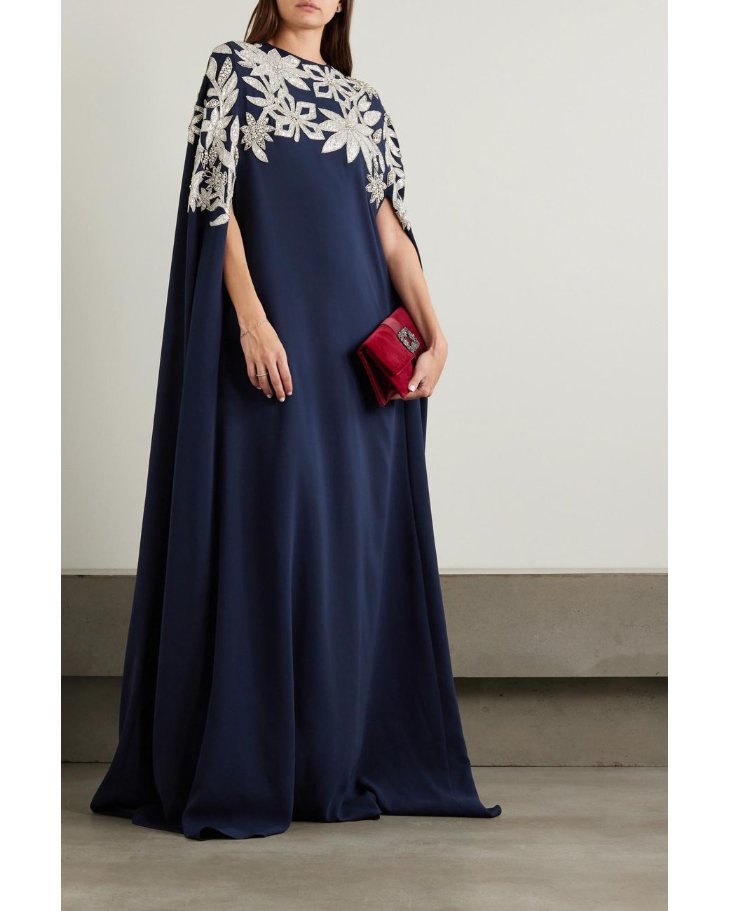 Oscar de la Renta Blue Cloak Effect Decorated Dress