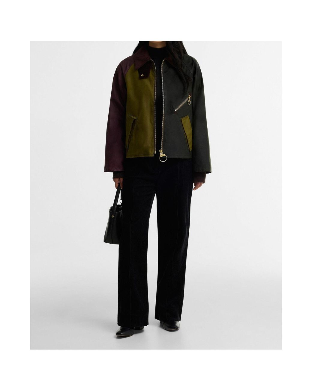 Barbour Green Colour-Block Cord Collar Cropped Jacket