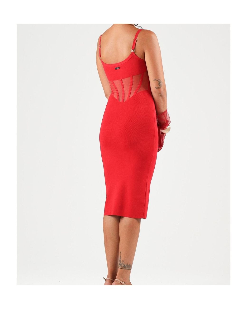 Elisabetta Franchi Red Sheer Panel Midi Dress