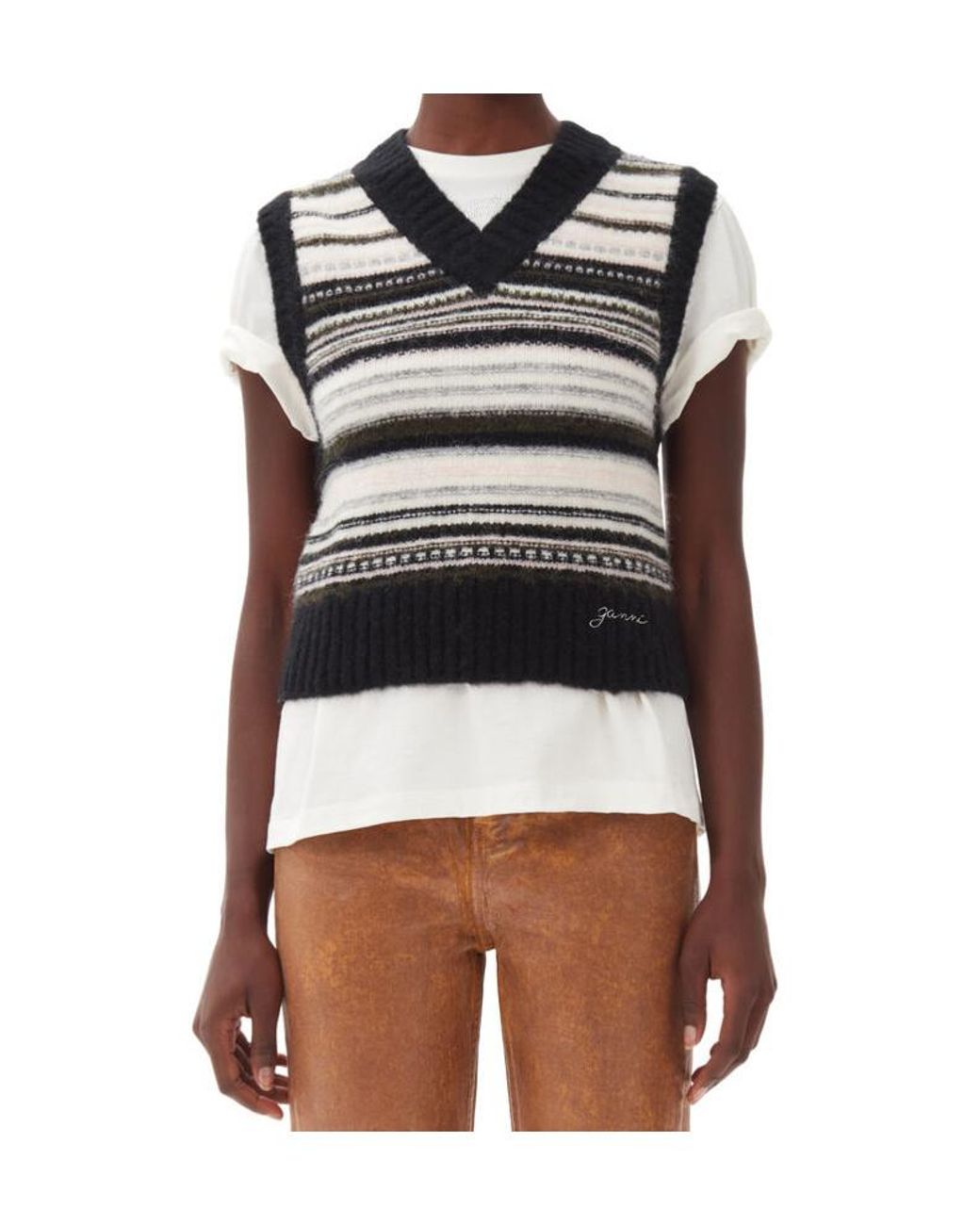 Ganni Black Striped Pattern Knit Vest