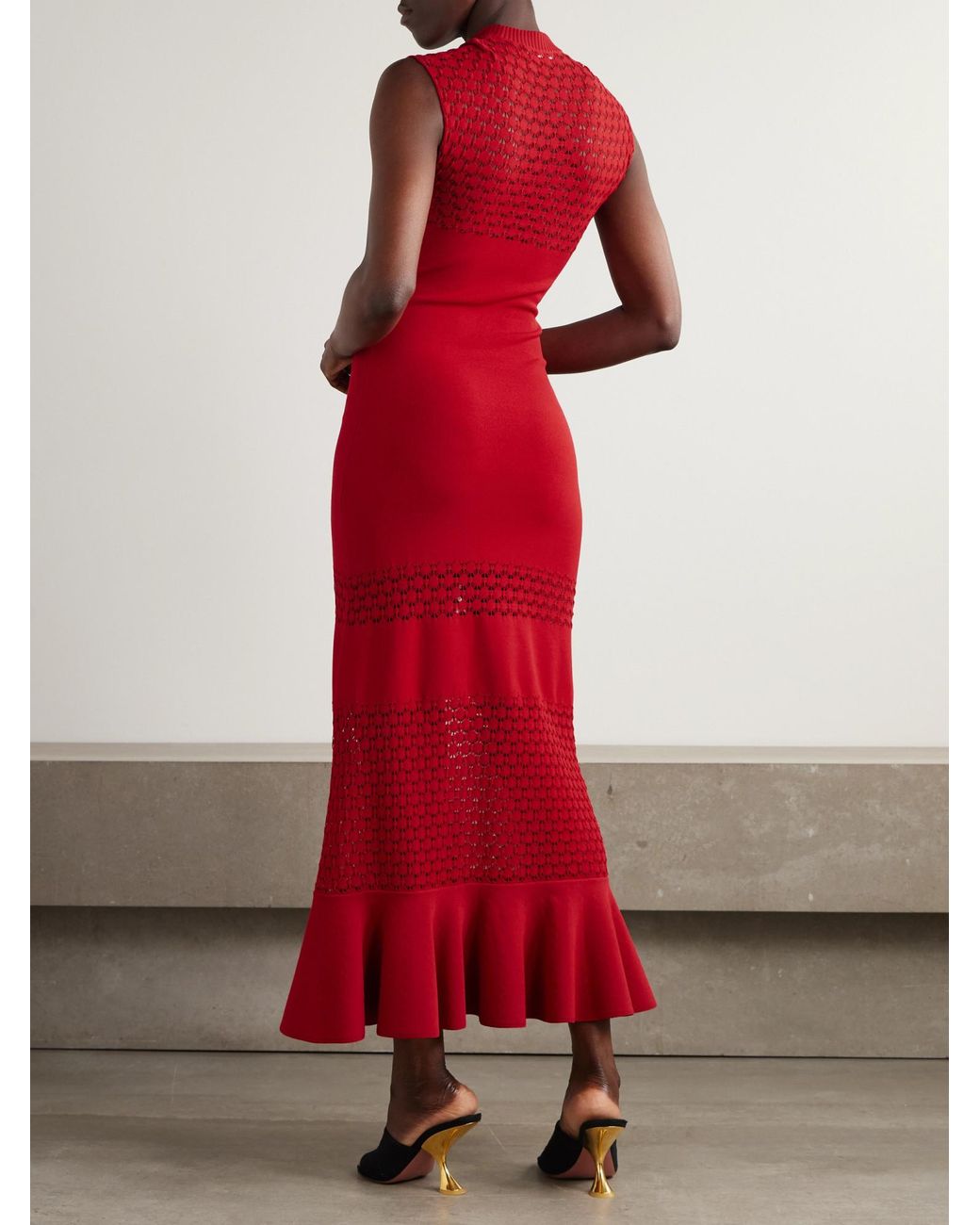 Lanvin Red Paneled Knitted Midi Dress