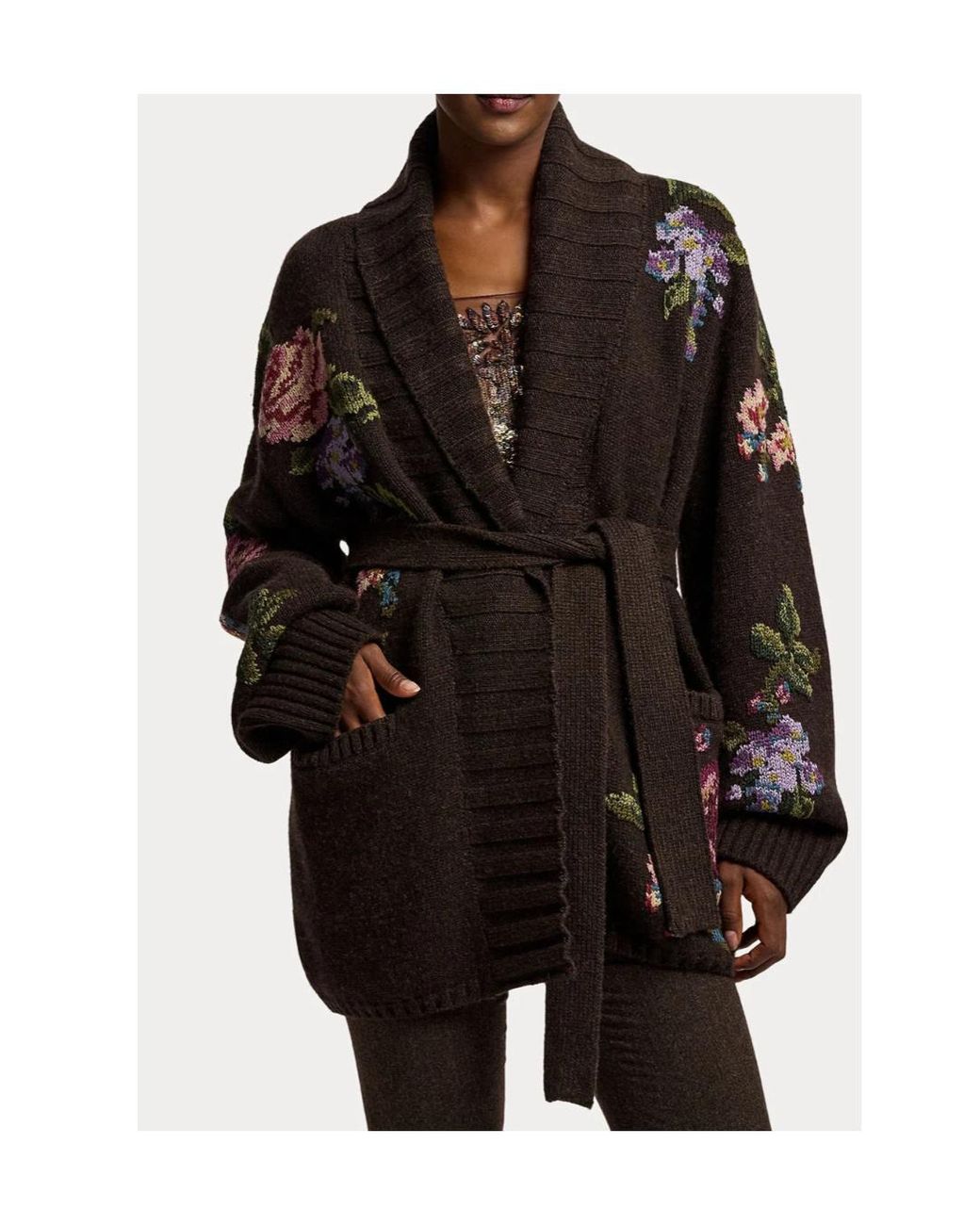 Ralph Lauren Black Floral Cashmere Shawl-Collar Cardigan