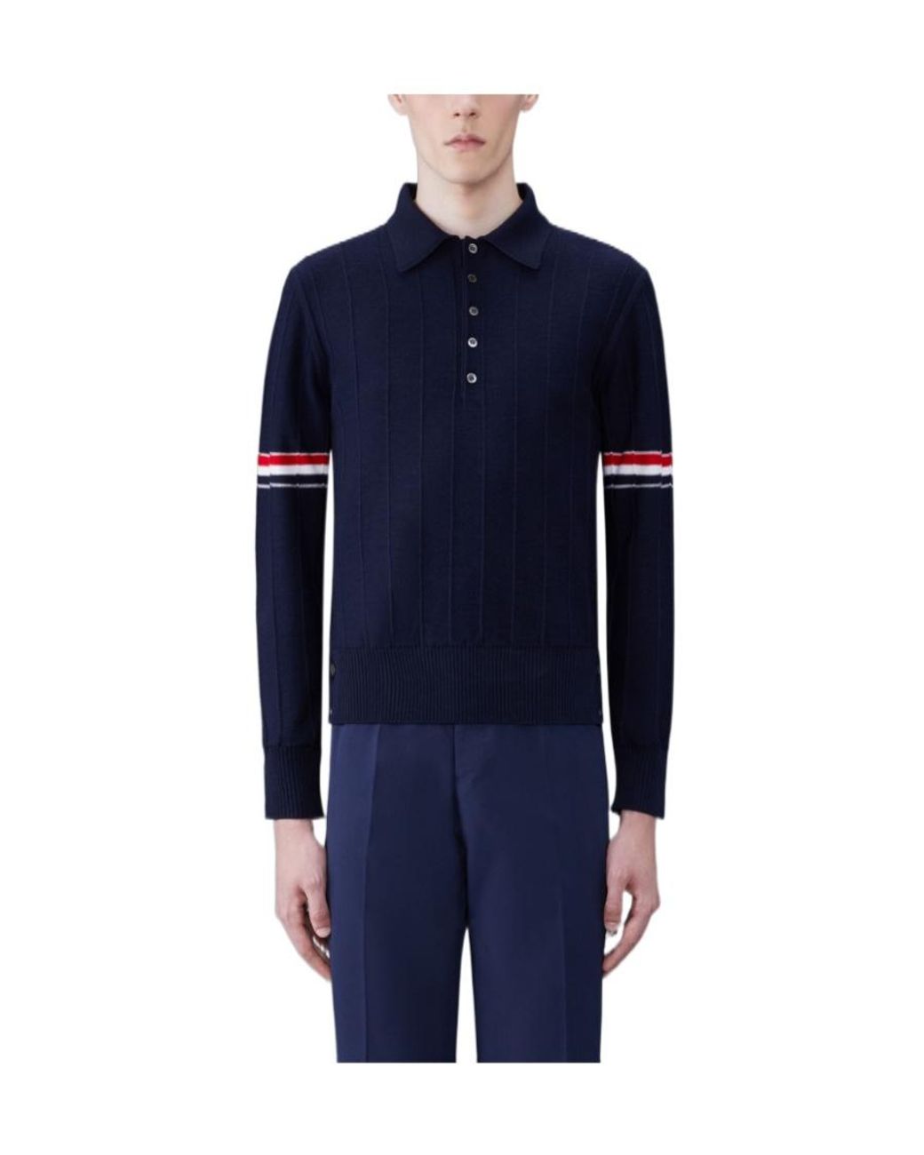 Thom Browne Blue Rwb-Striped Long-Sleeved Polo Shirt for men