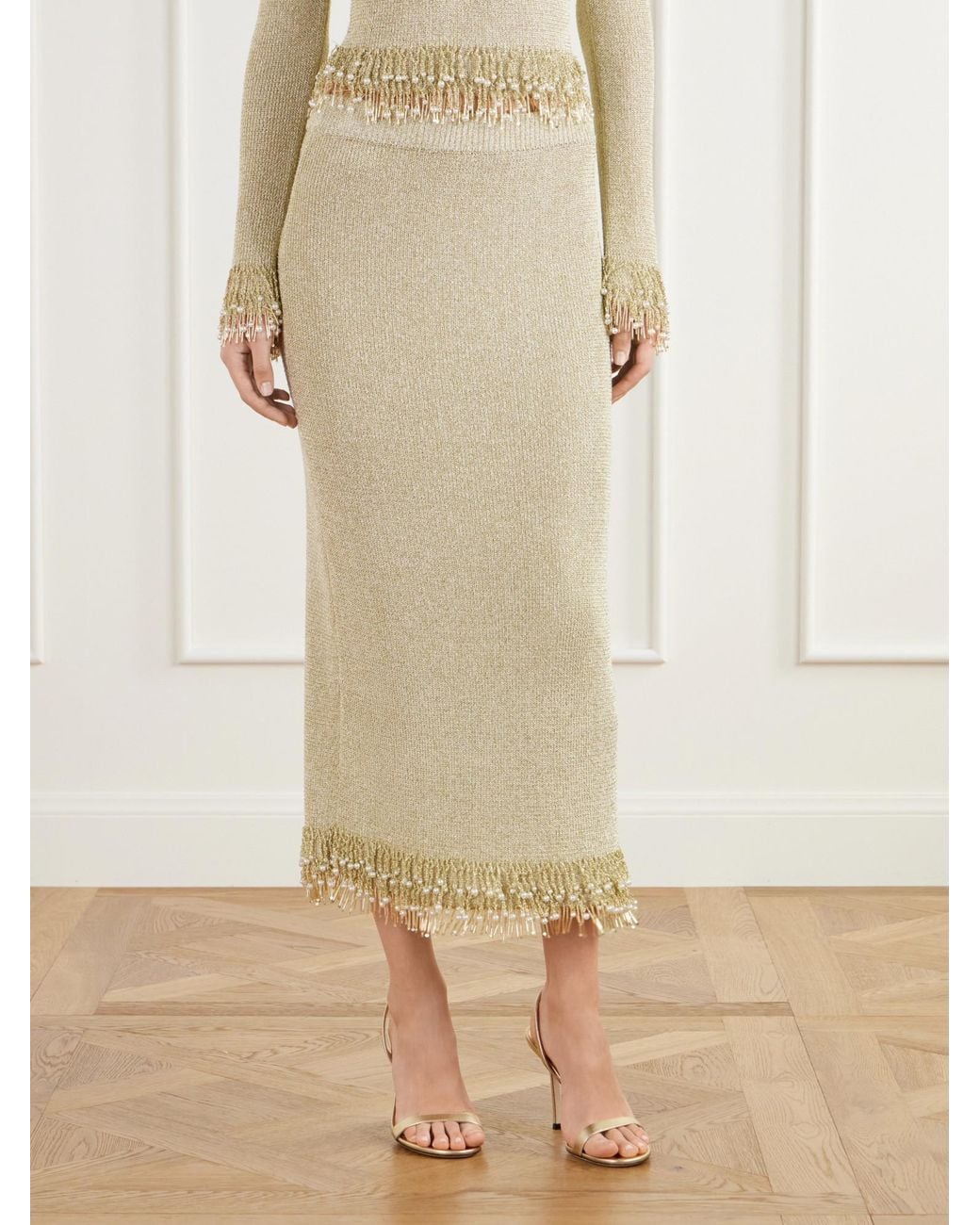 Jonathan Simkhai Natural Zeni Beaded-Trim Tweed Midi Skirt