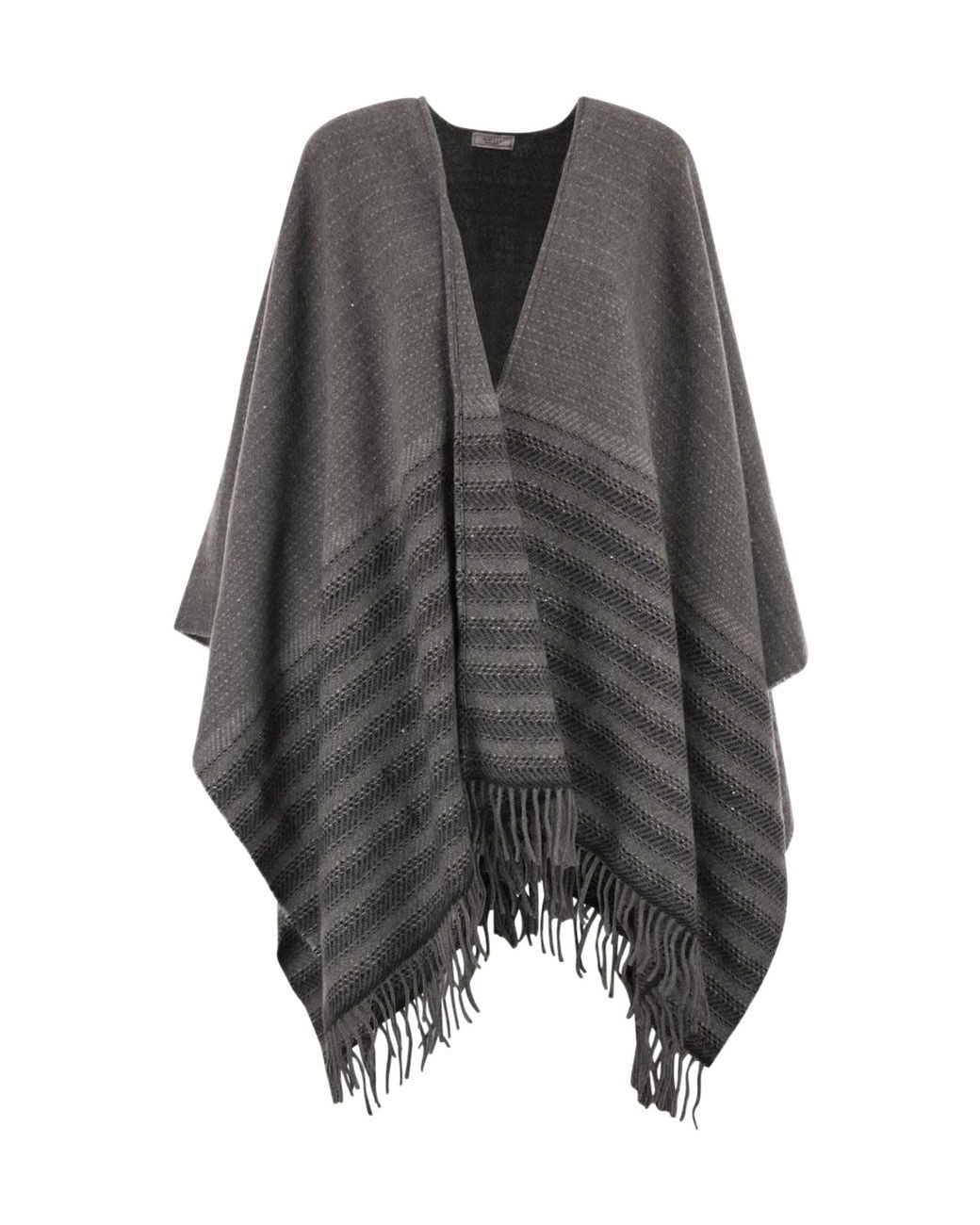 Peserico Gray Striped Fringed Poncho