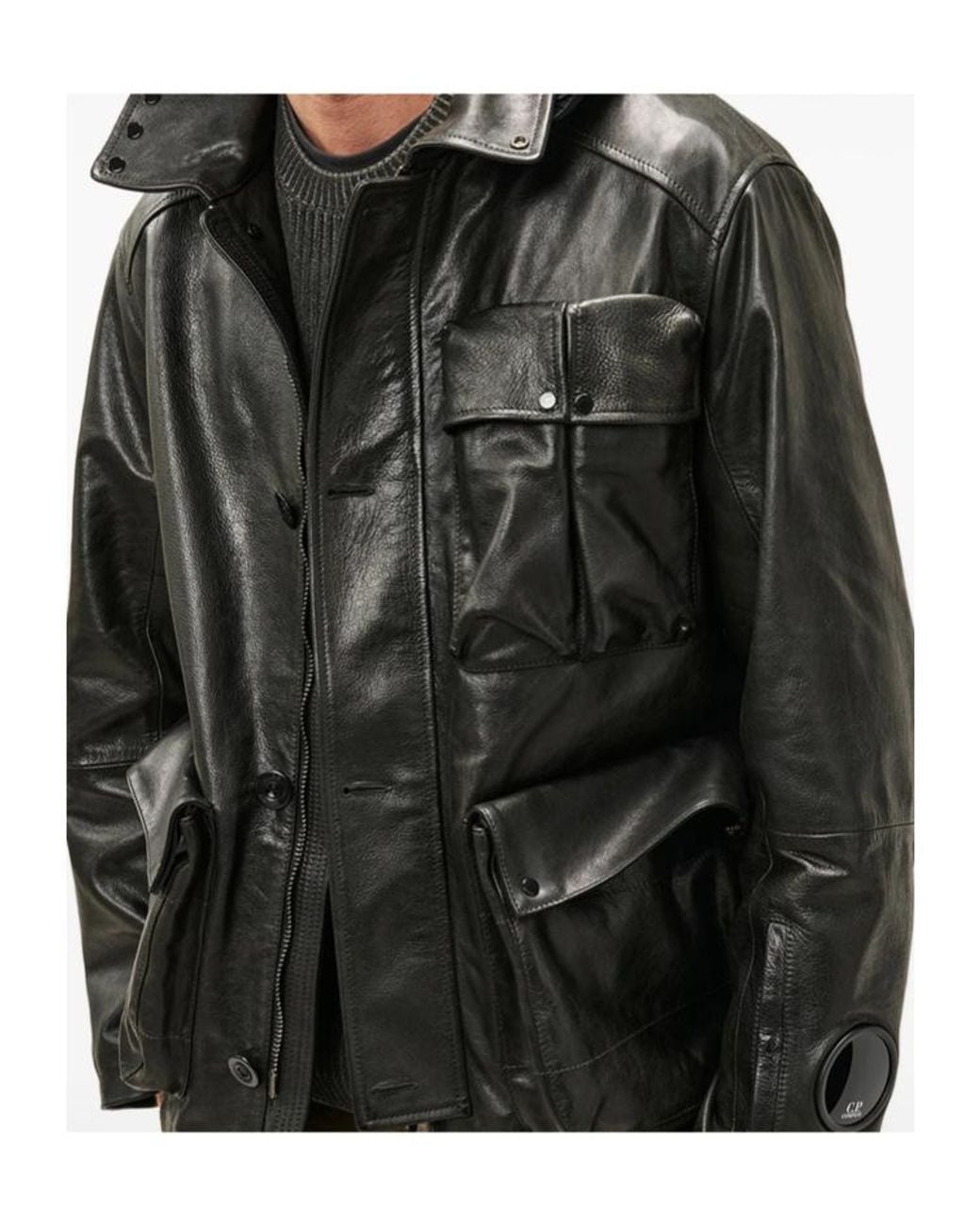 C P Company Black Long-Sleeved Leather Jacket for men
