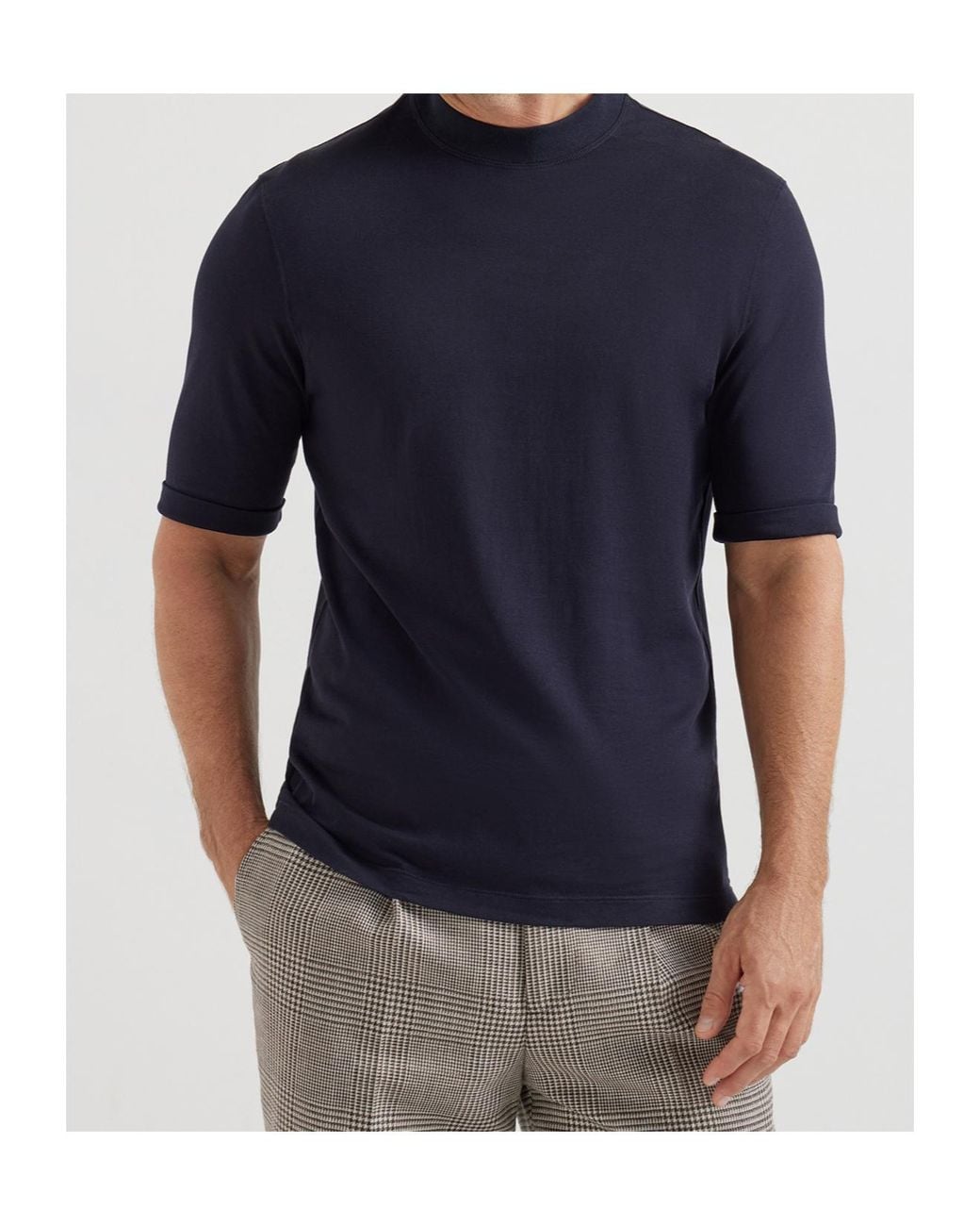 Brunello Cucinelli Blue Cotton High-Neck T-Shirt for men