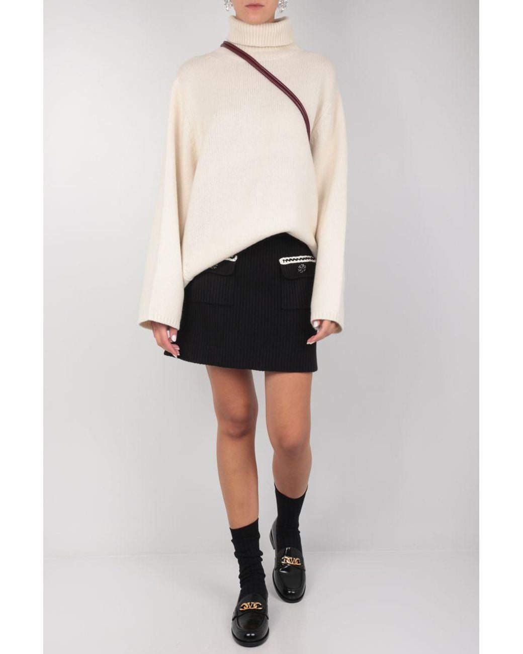 Self-Portrait Black Flap-Pocket Rib-Knit Skirt