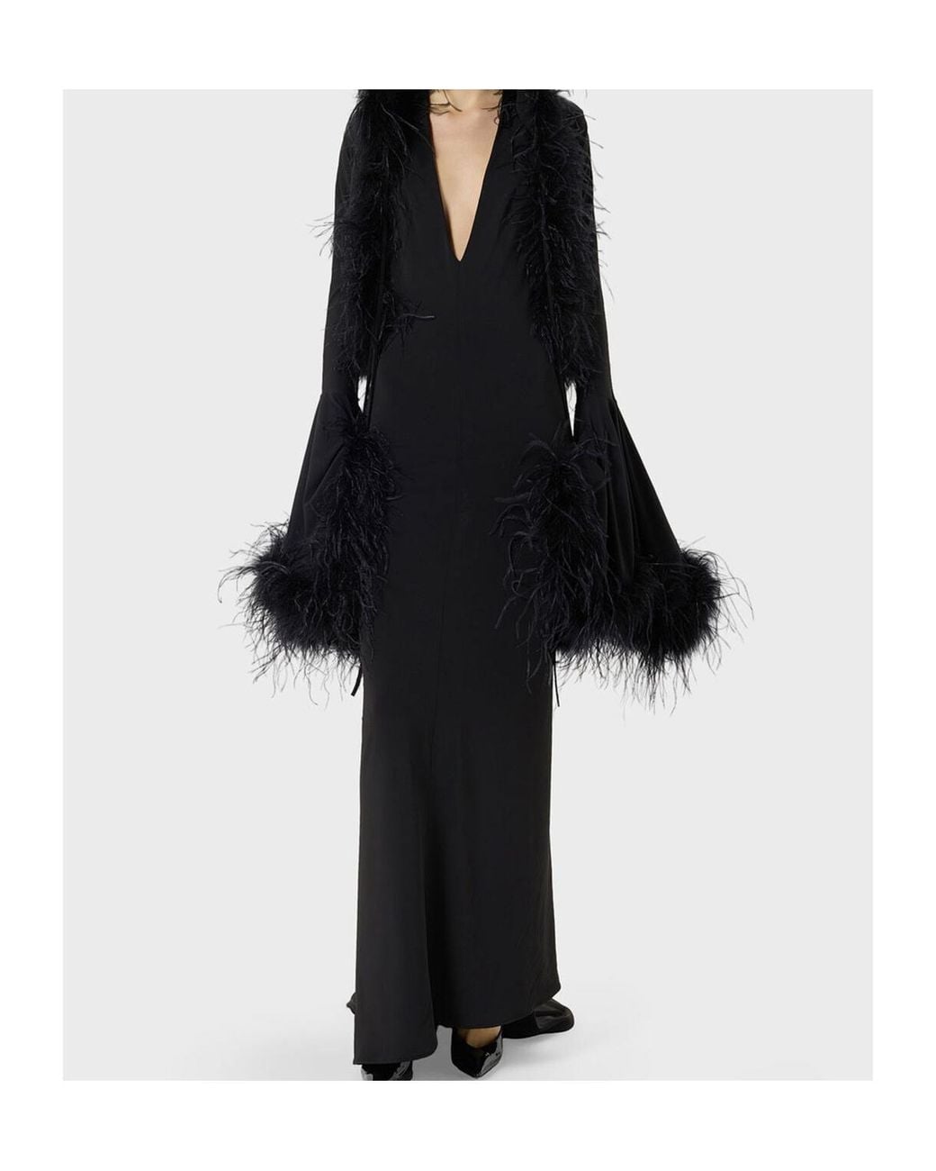Blumarine Black Long Jersey Dress With Deep Neckline And Marabou Details