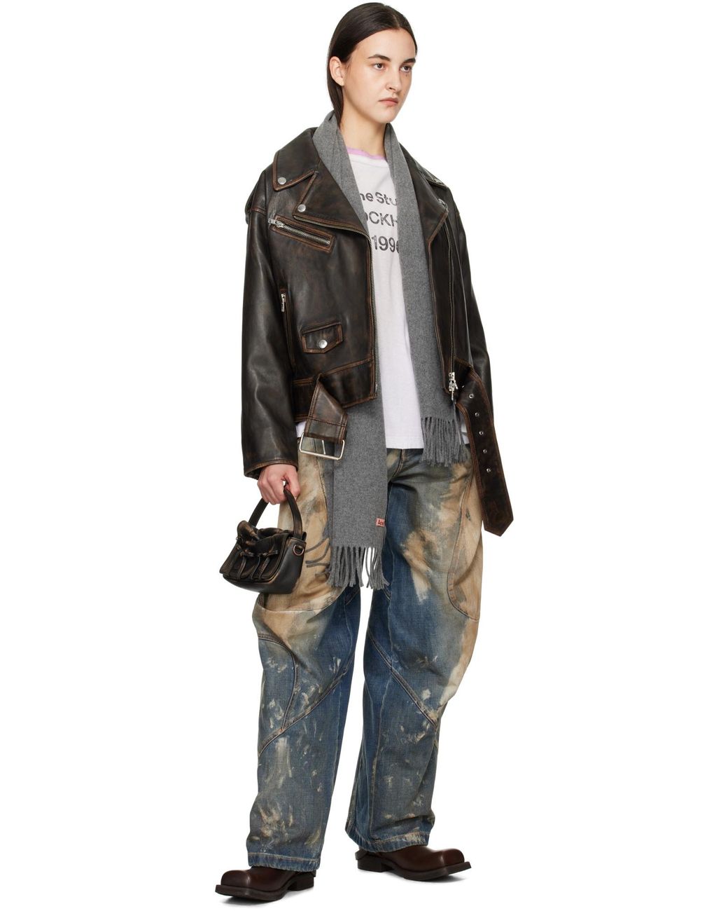 Acne Gray Logo Patch Fringed-Edge Scarf for men