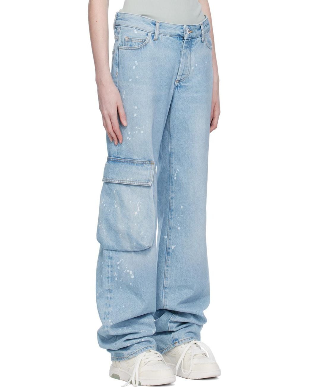Off-White c/o Virgil Abloh Blue Toybox Painted Logo Patch Wide Leg Jeans