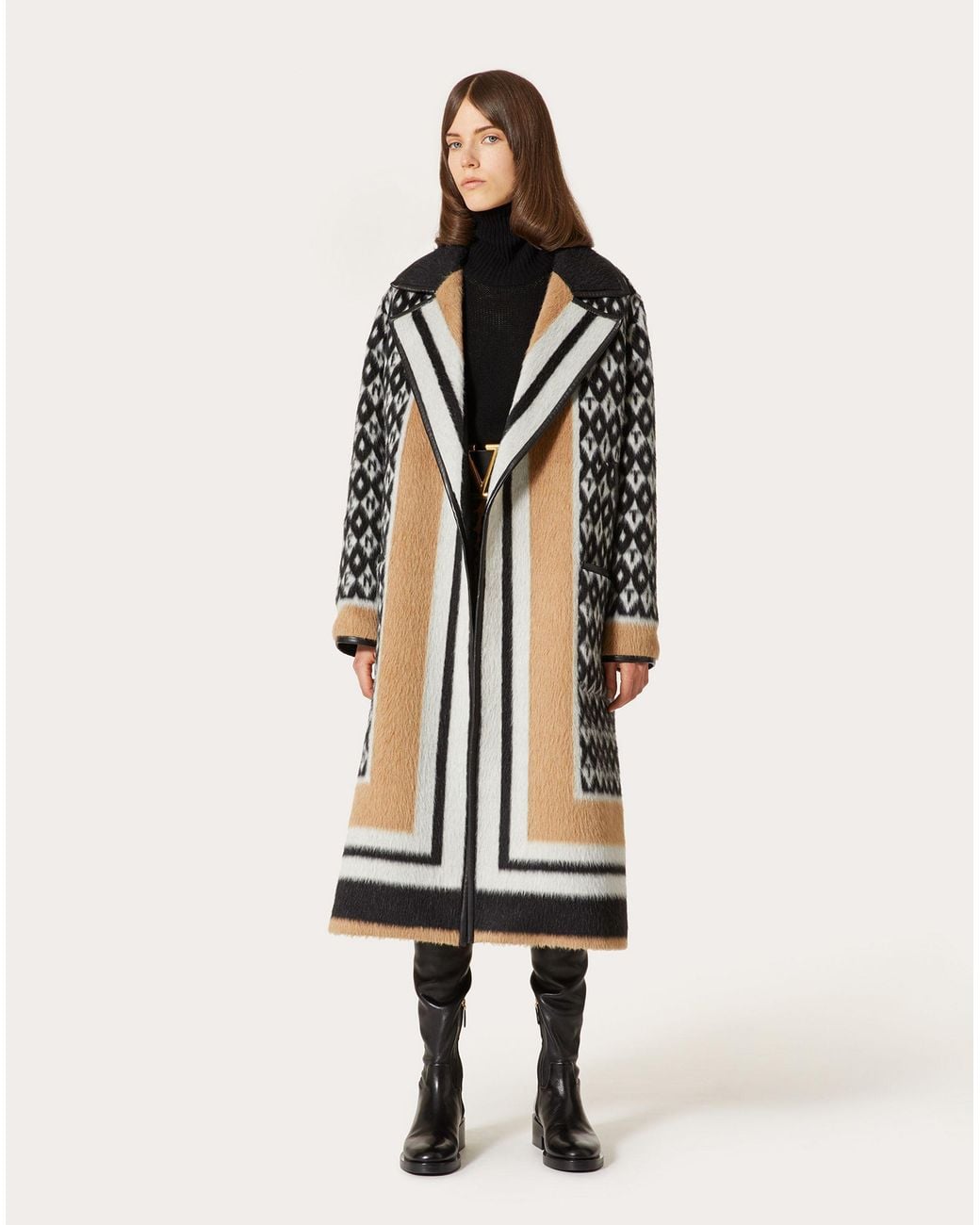Valentino White Notched-Lapel Intarsia-Knit Coat