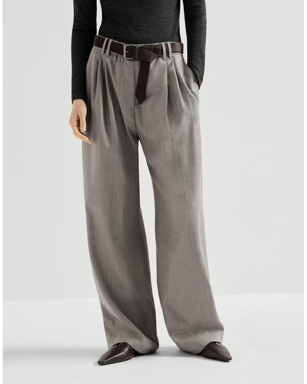 Brunello Cucinelli Gray Sparkling Virgin Wool Pinstripe Track Trousers With Monili