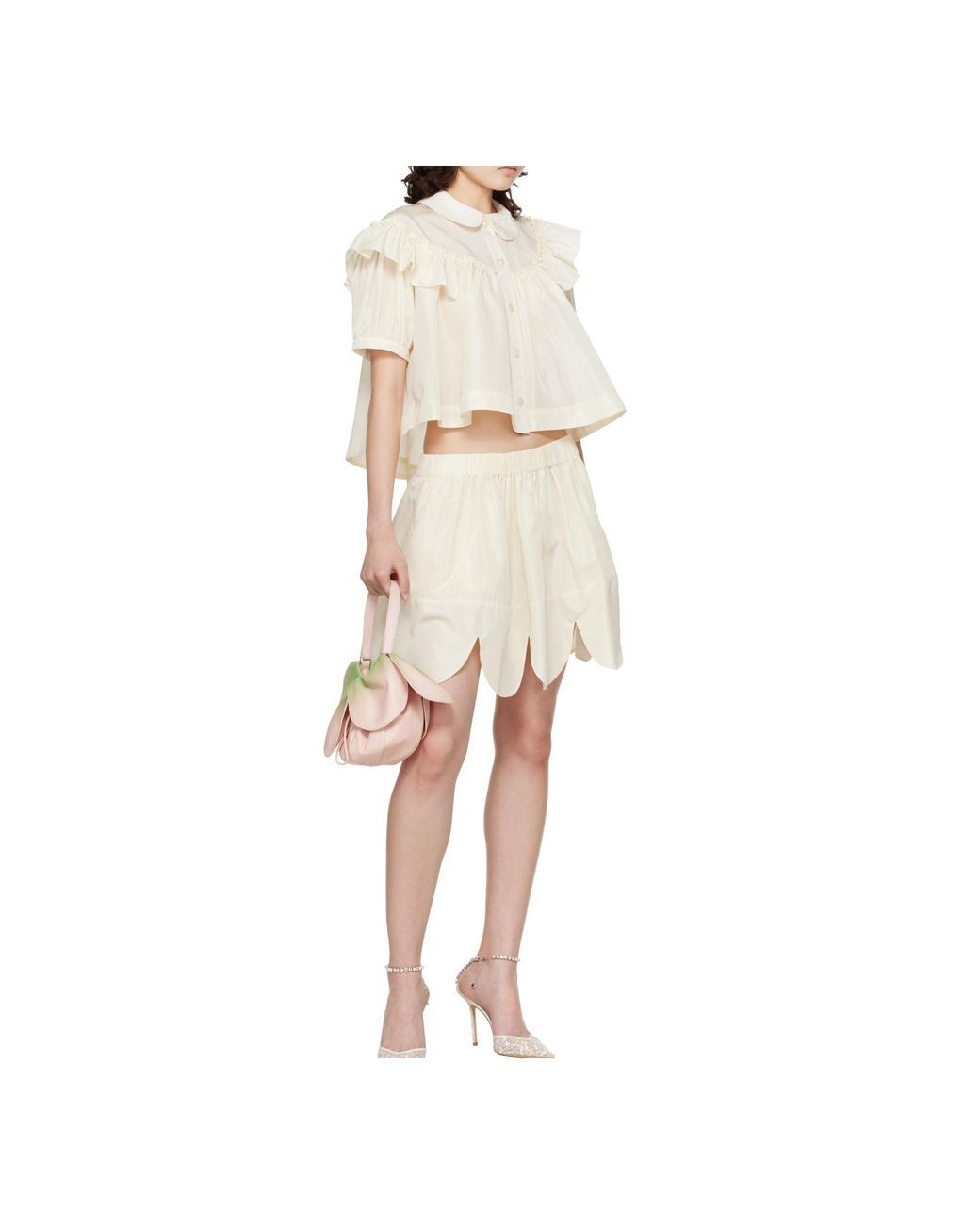 Simone Rocha Natural Cropped Puff Sleeve Ruffle Frill Shirt