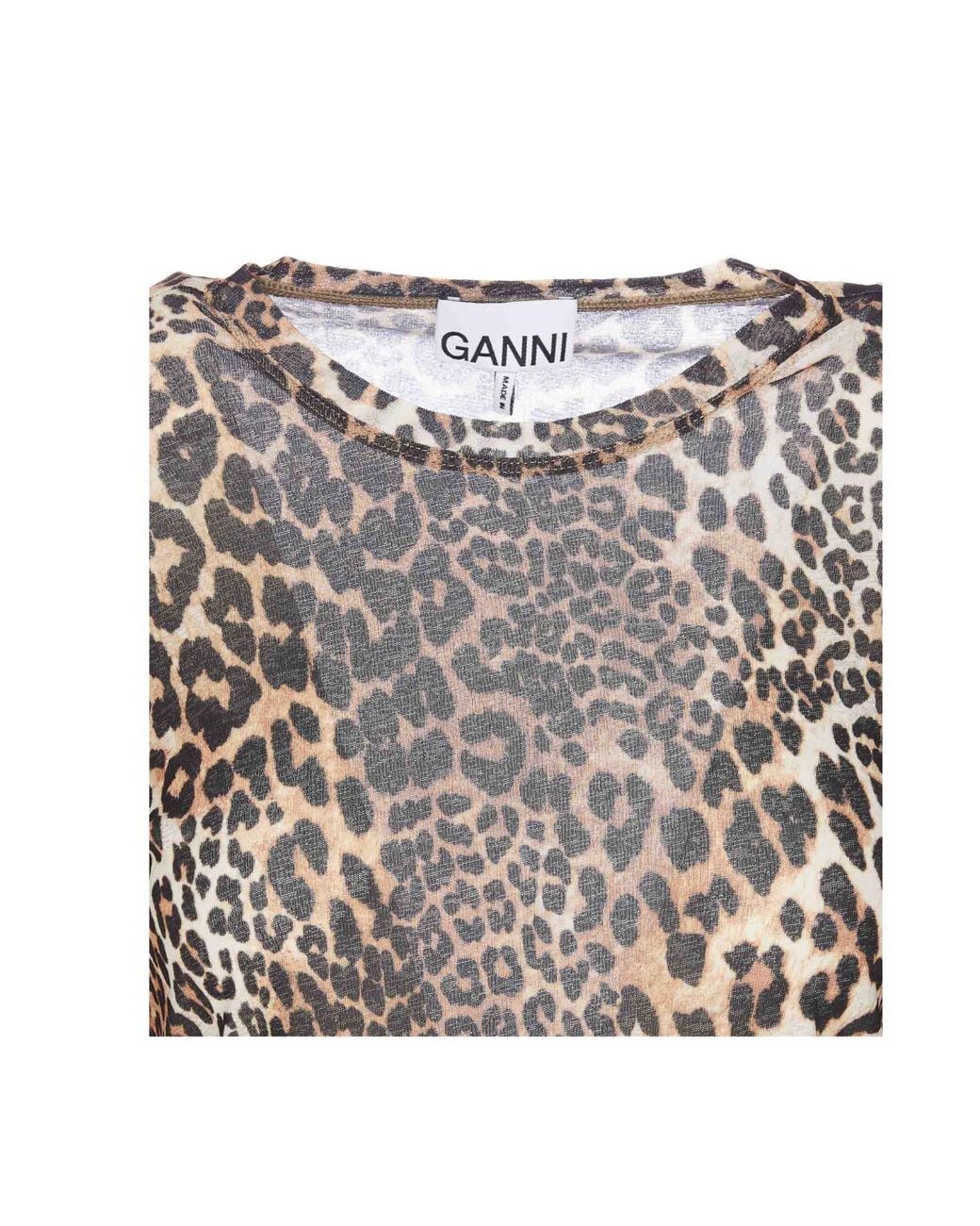 Ganni Brown Leopard Printed Mesh Long-Sleeved Top
