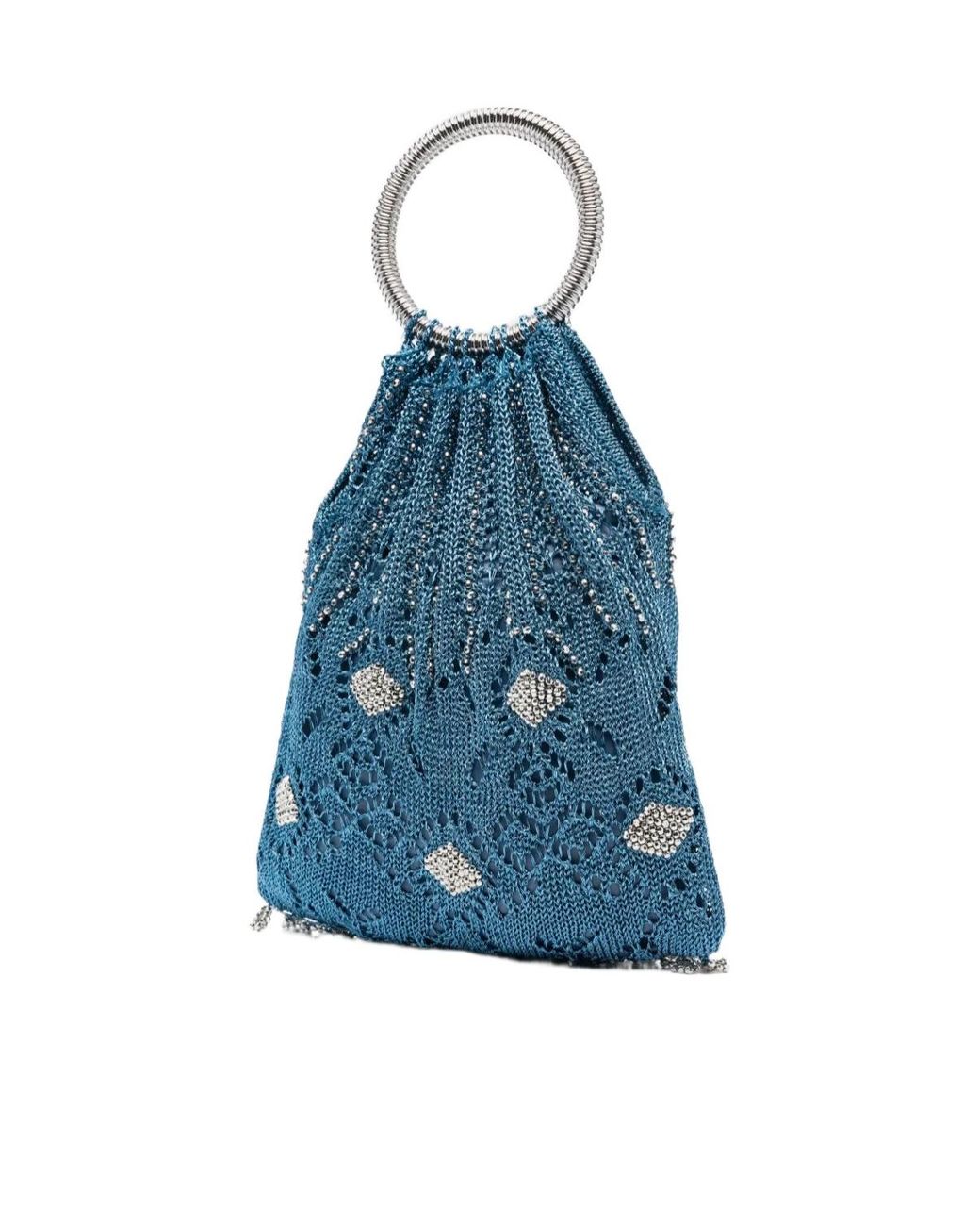 Rabanne Blue Top Handle Beaded Crochet Tote Bag