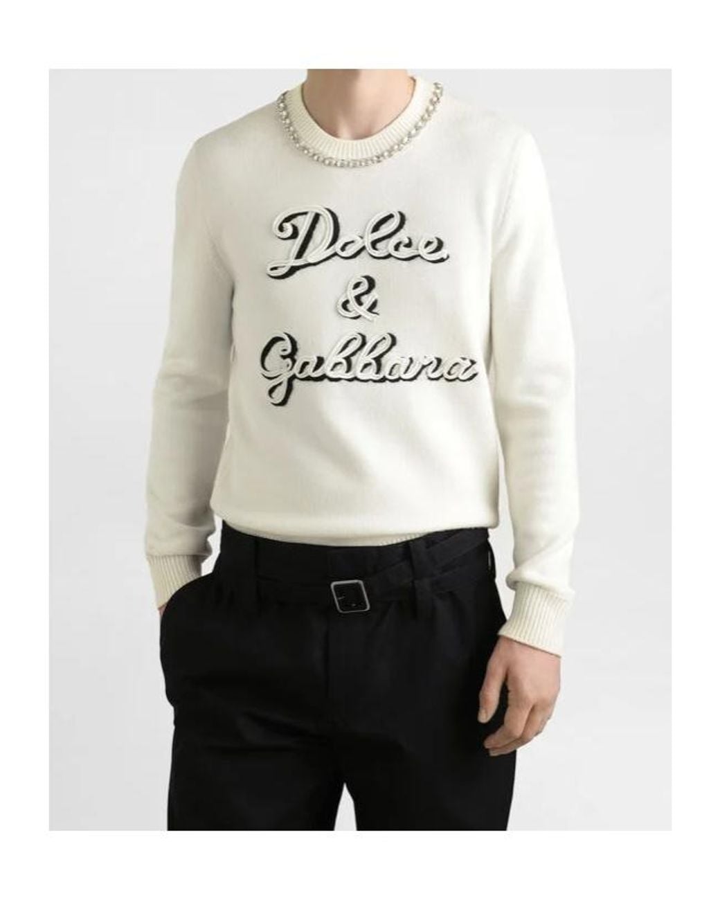 Dolce & Gabbana White Logo Intarsia Knitted Pullover for men
