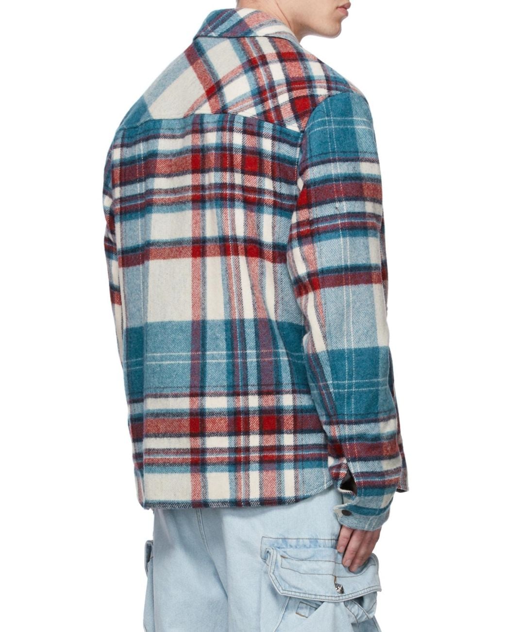 we11done Blue Front-Zip Checked Overshirt for men