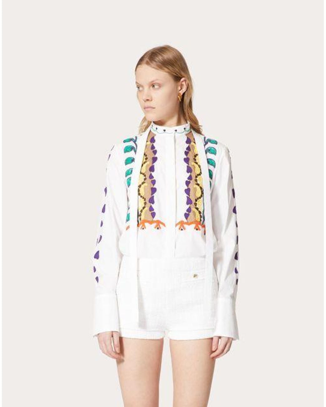 Valentino White Bead-Embellished Cotton Poplin Shirt
