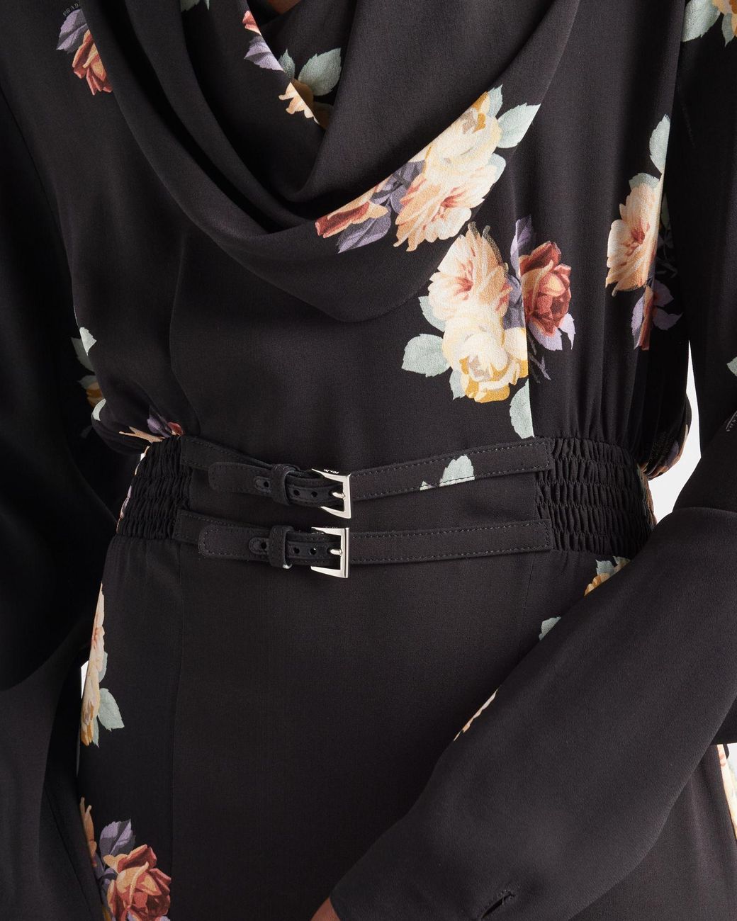 Prada Black Camelia Print Midi Dress