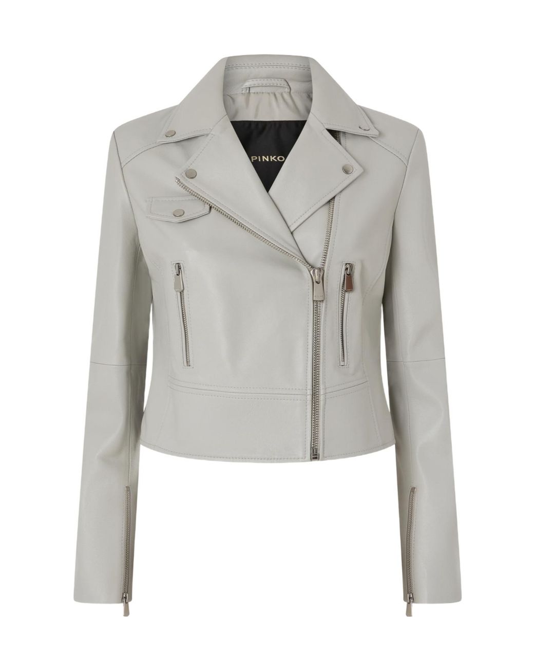 Pinko Gray Logo Detailed Zipped Leather Jacket