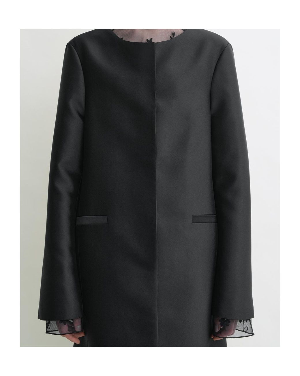 Totême Black Collarless Silk Coat