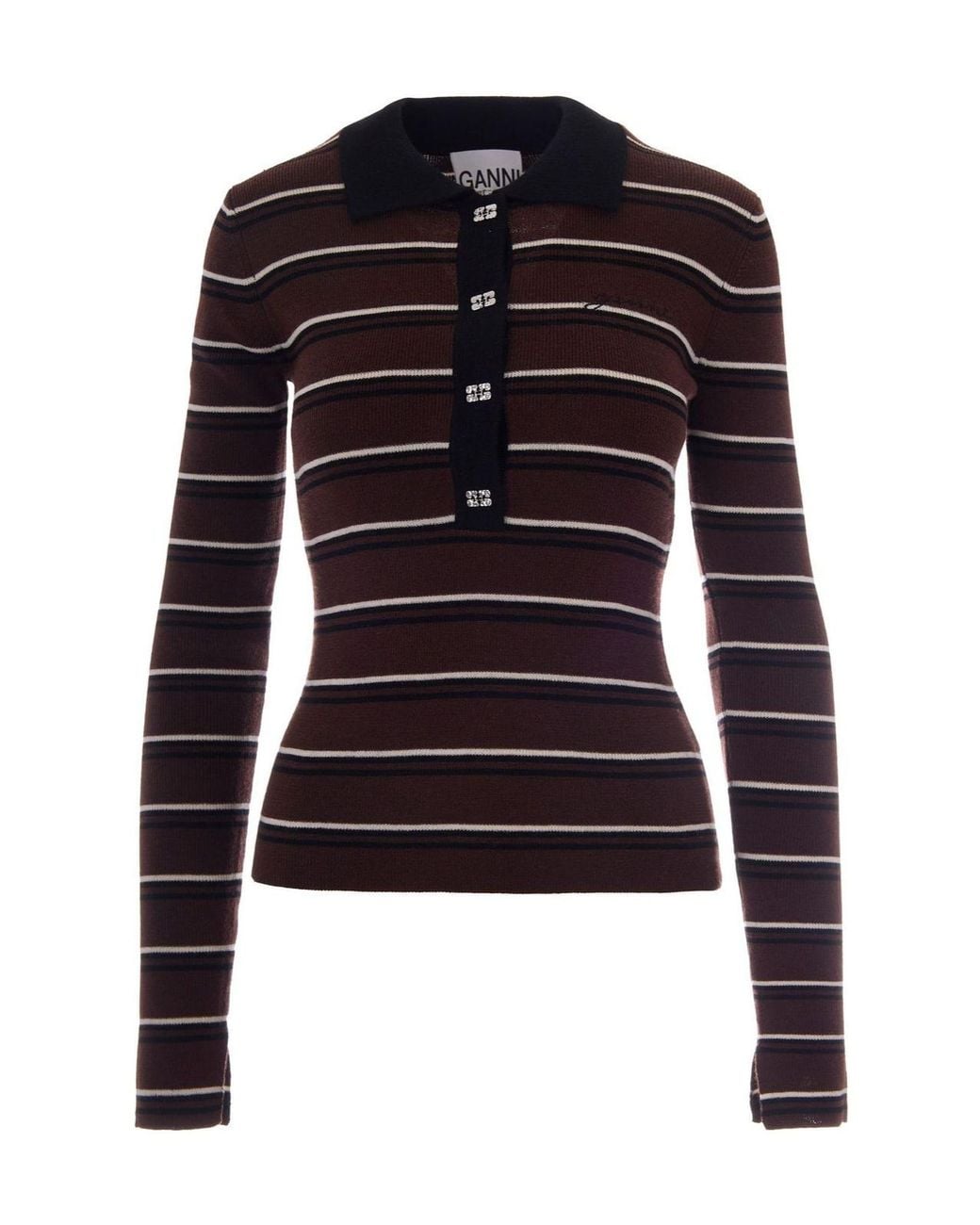 Ganni Blue Long-Sleeved Striped Knitted Polo Shirt