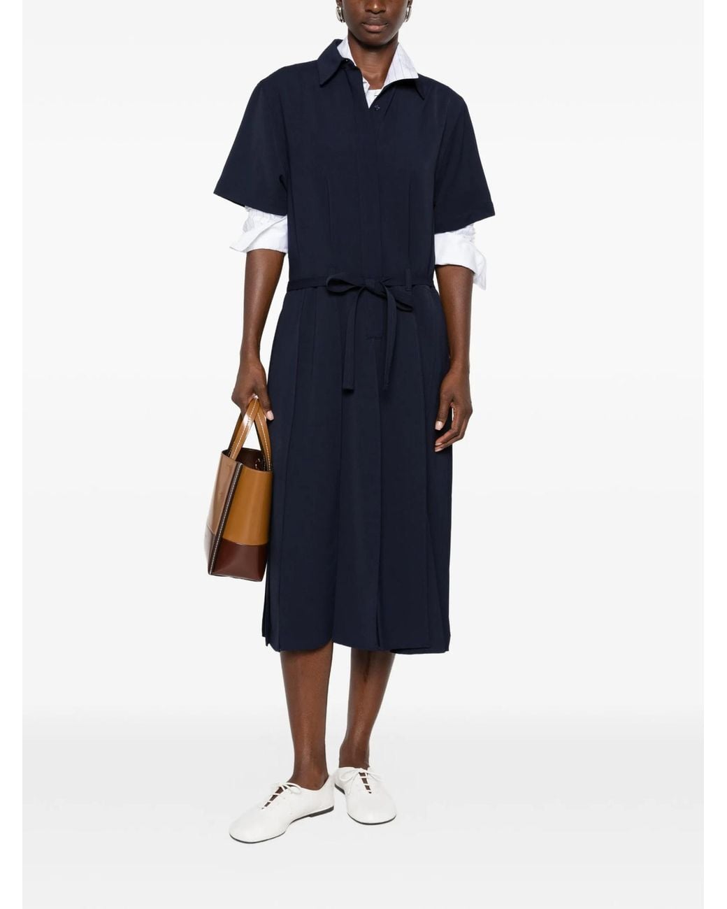 Lacoste Blue Long, Pleated, Flowy Piqué Dress