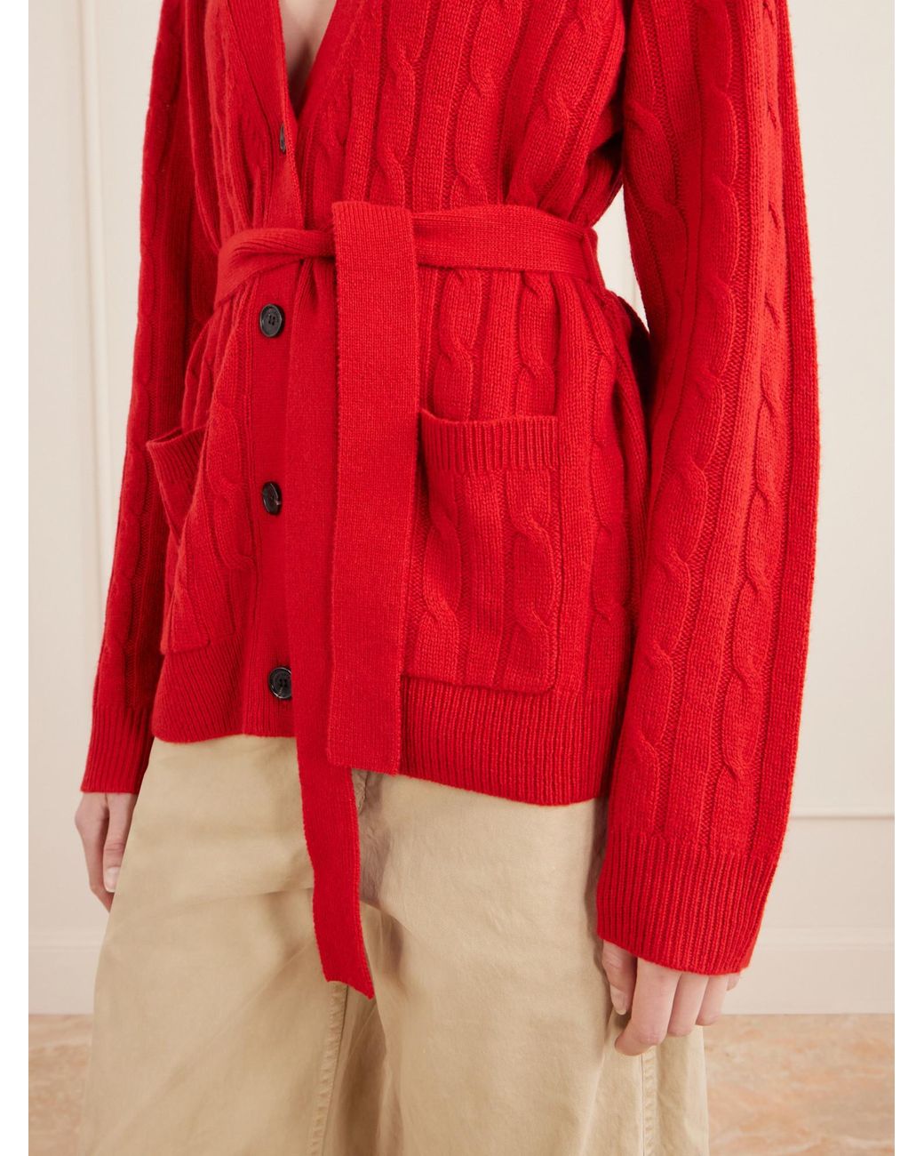Nili Lotan Red Belted Cable-Knit Cashmere Cardigan