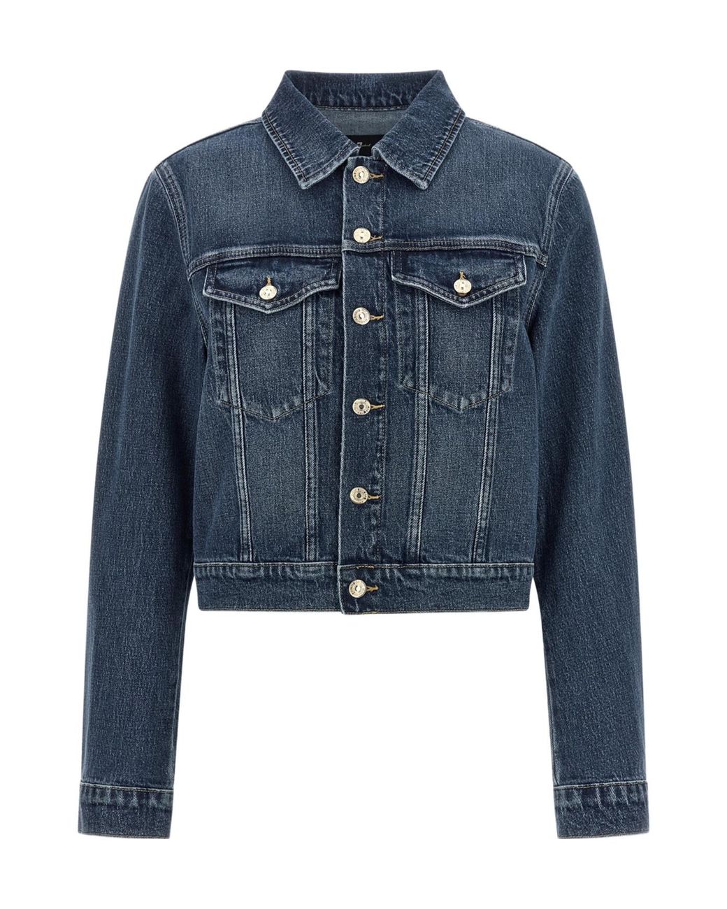 7 For All Mankind Blue Darted Shrunken Cropped Denim Jacket