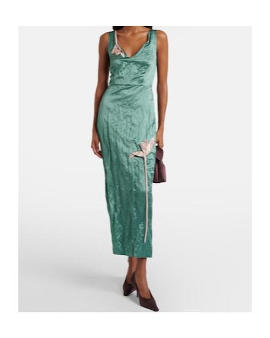 Erdem Green Floral-Appliqué Satin Midi Dress