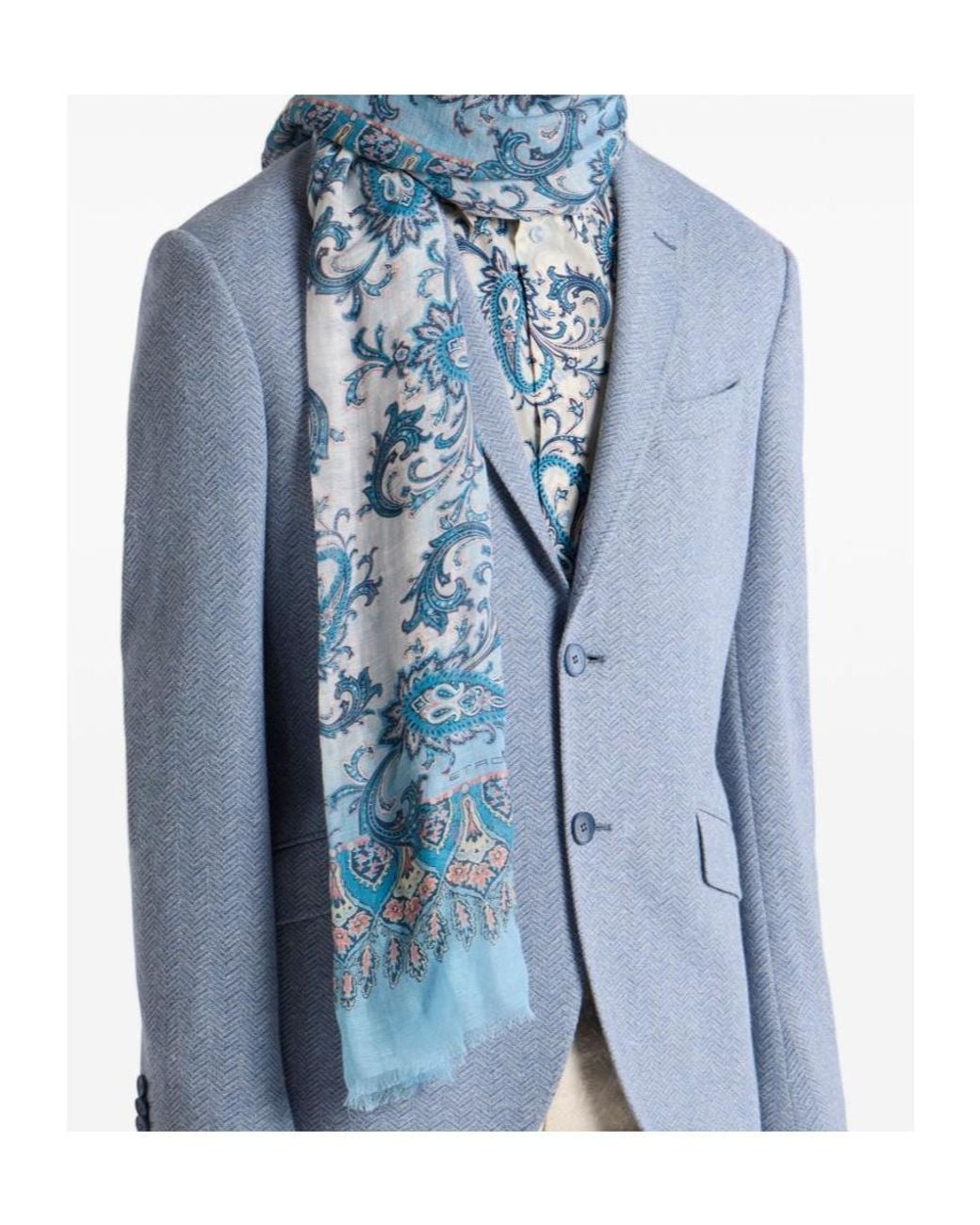 Etro Blue Linen-Blend Scarf With Floral Paisley Motif for men