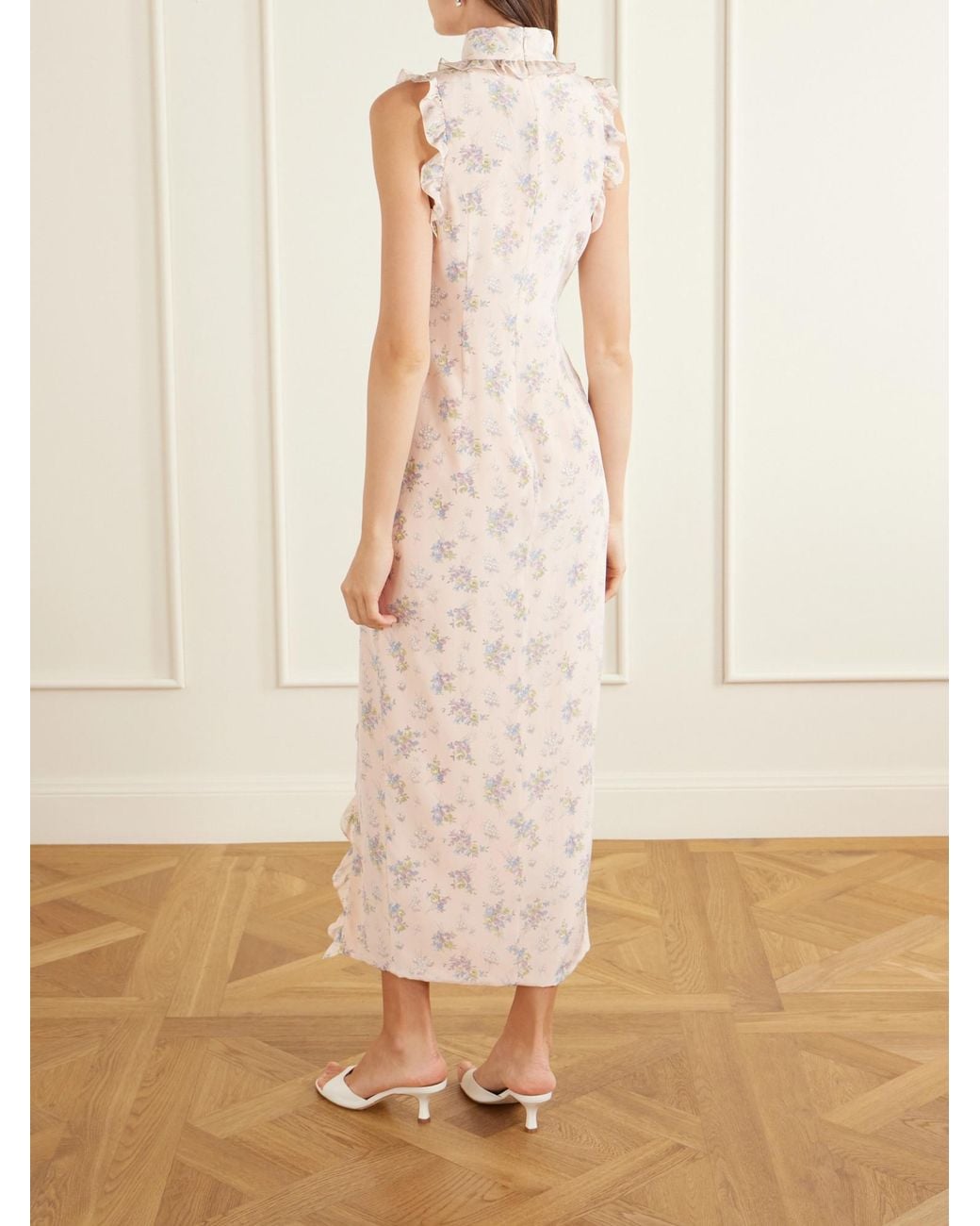 Alessandra Rich White Ruffled Floral-Print Silk Midi Dress