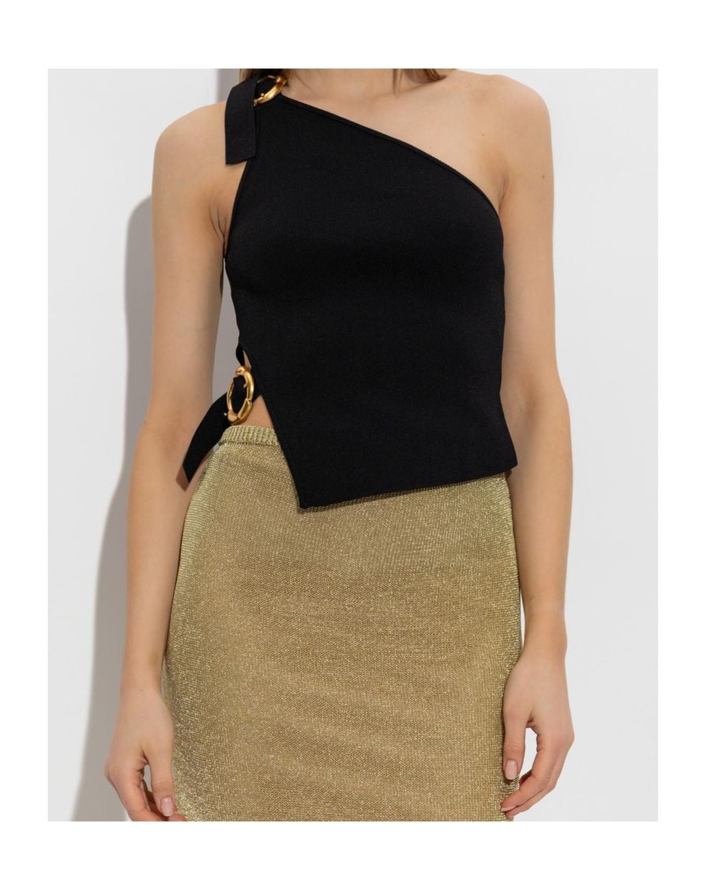 Cult Gaia Black Valeria One-Shoulder Buckled Knitted Top