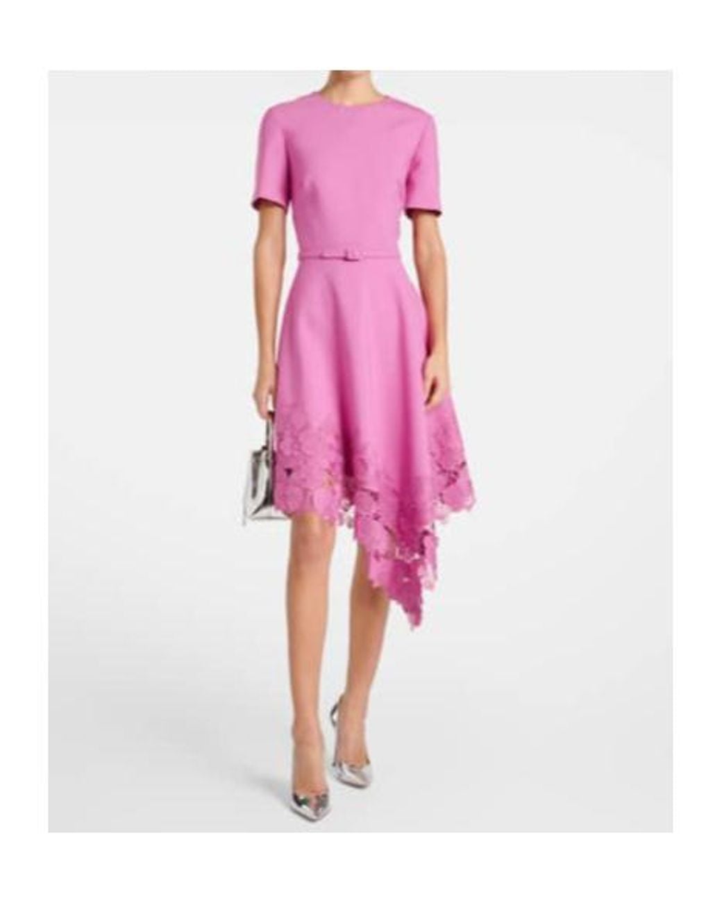 Oscar de la Renta Pink Floral Lace-Trimmed Midi Dress