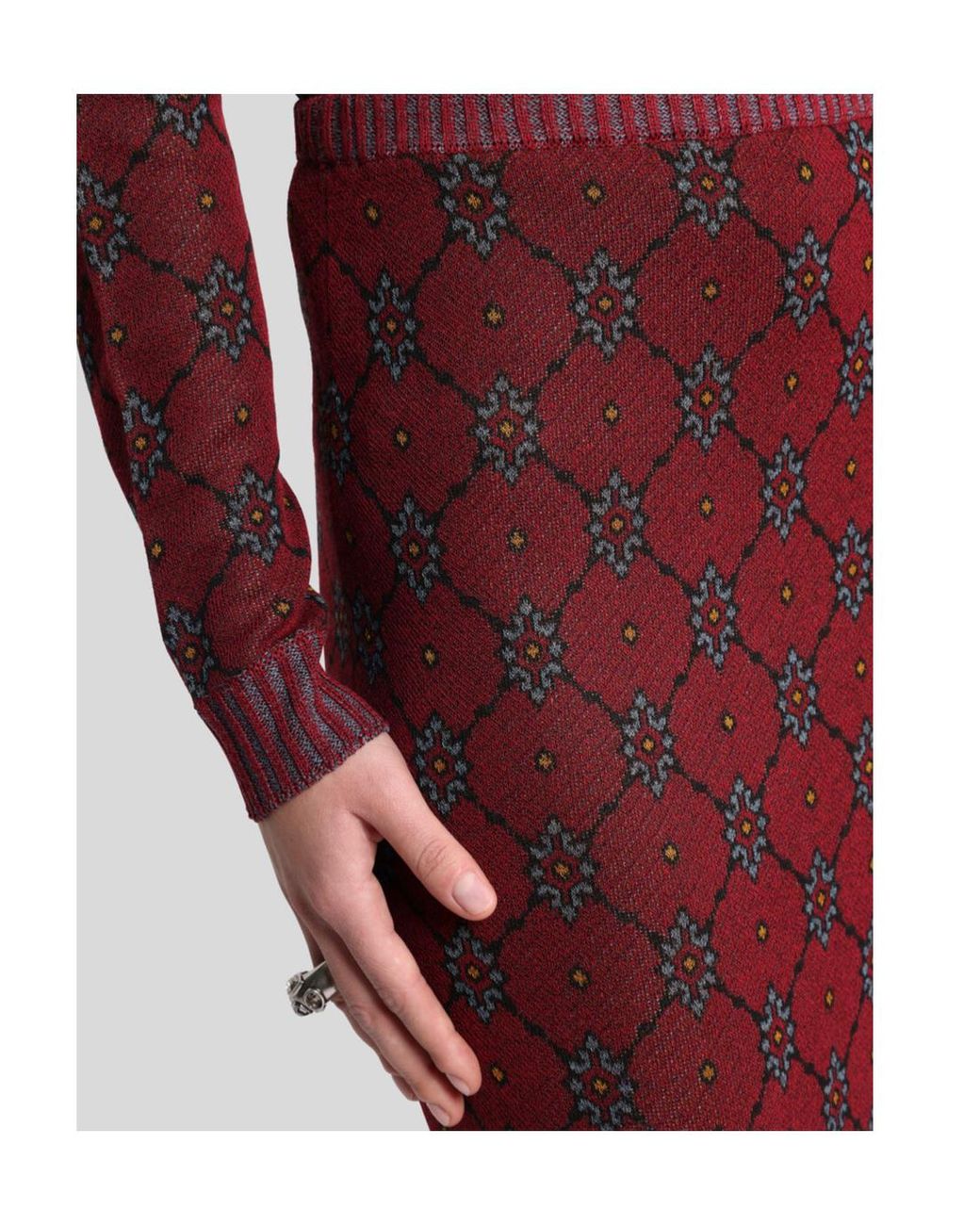 Etro Red Patterned Knit Midi Skirt