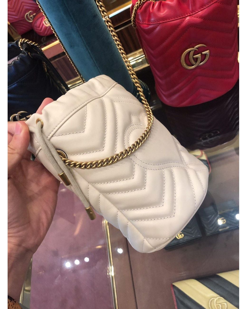Gucci White Gg Marmont Mini Quilted Bucket Bag