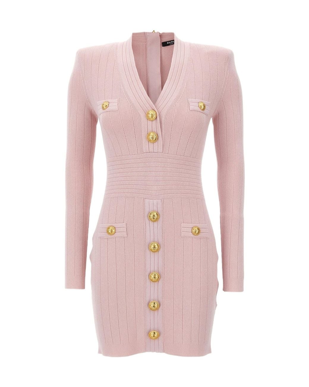 Balmain Pink Logo Button Long-Sleeved Mini Dress