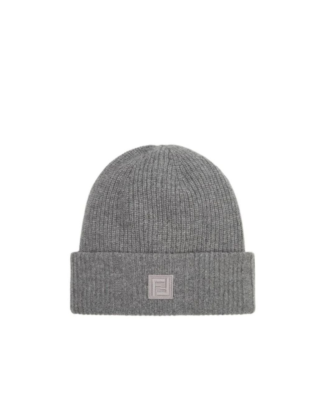 Fendi Gray Logo Patch Ribbed Beanie for men